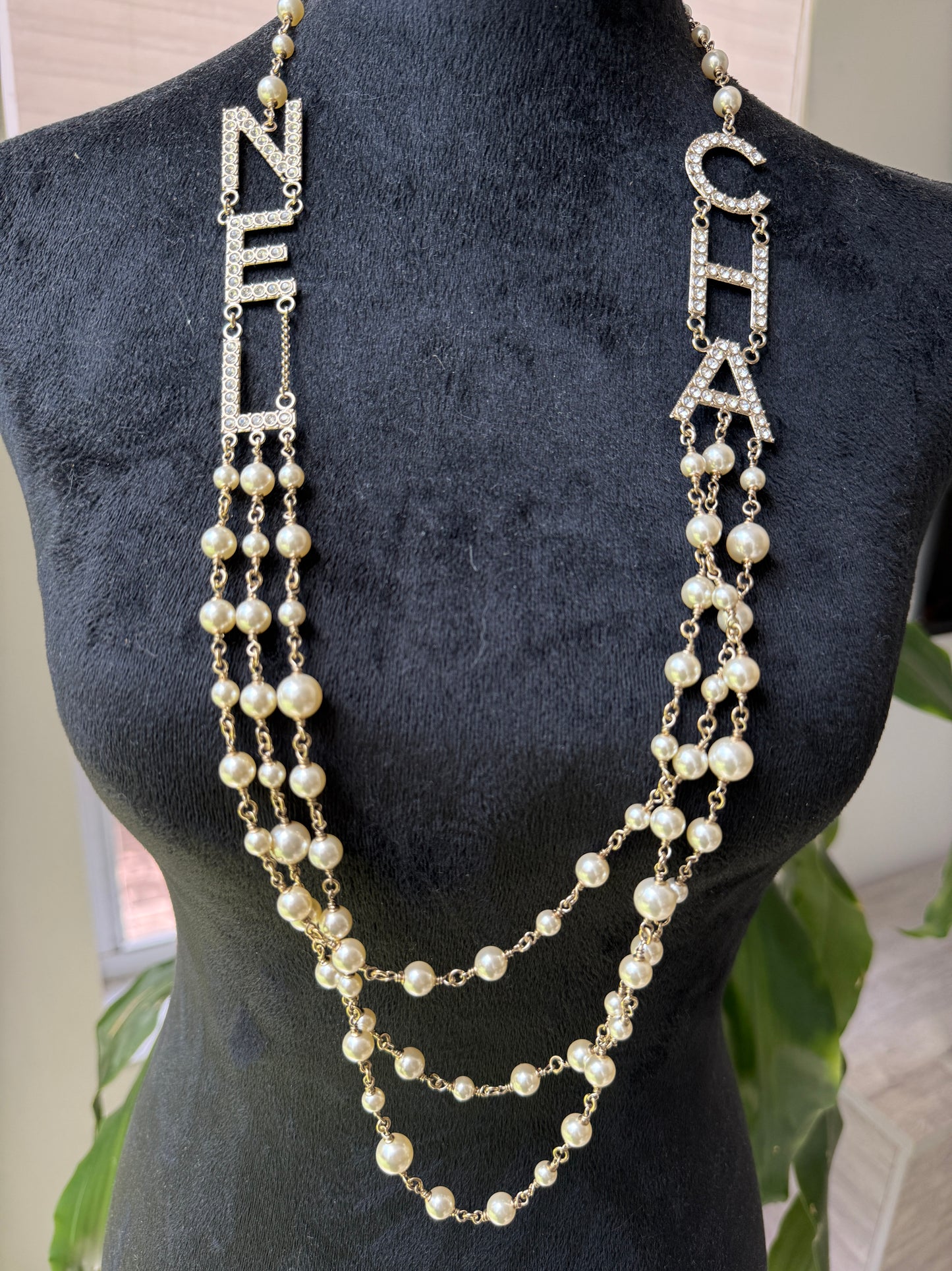 CHANEL 2019S GOLDEN TONE CHA NEL LETTERS LOGO WITH CRYSTALS PEARLS LONG NECKLACE