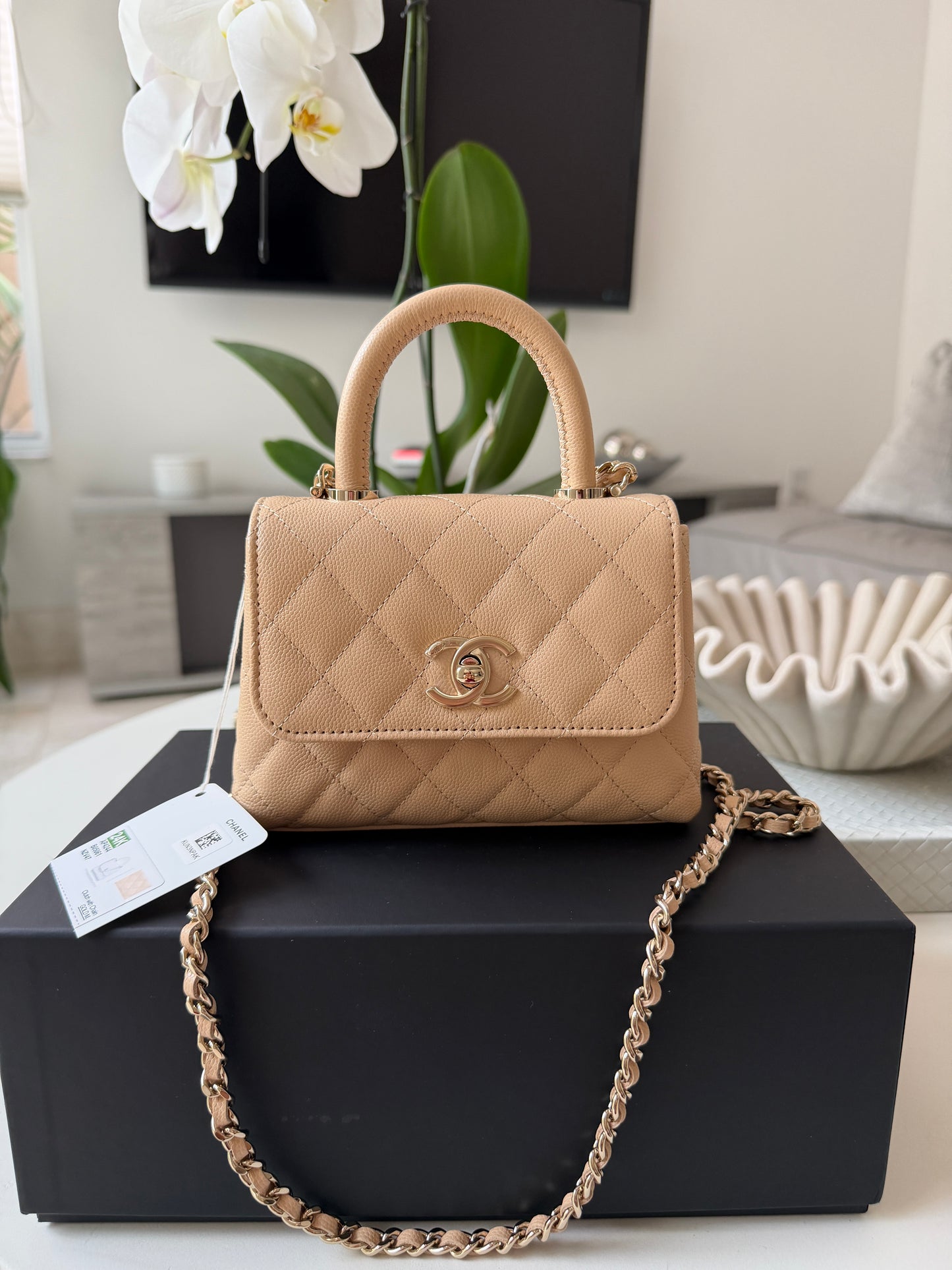 Chanel 24K AP4244 Micro Coco Handle Extra Mini Classic Flap Bag Beige Caviar Clutch with Chain Gold HW