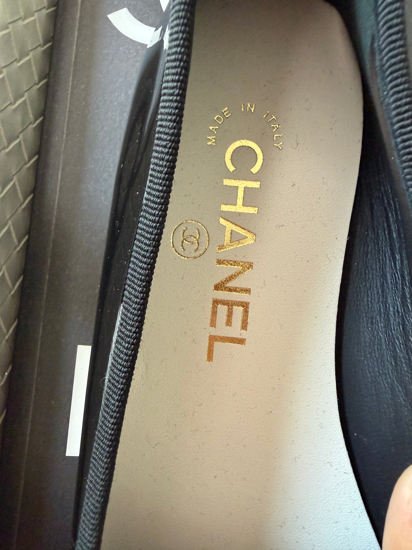 Chanel 26 Black Patent Leather White Cap Toe CC Logo Flat Ballet Ballerina Flats