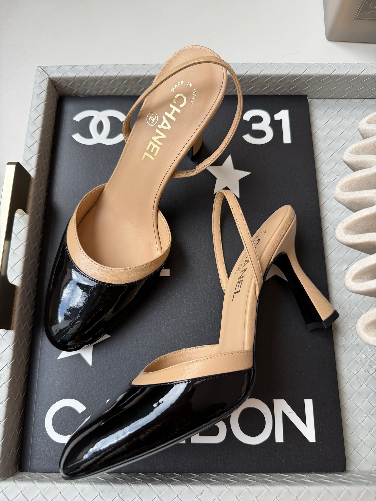 Chanel SS26 Beige Black Lambskin Patent Calfskin Leather Classic Slingbacks Pumps Heels