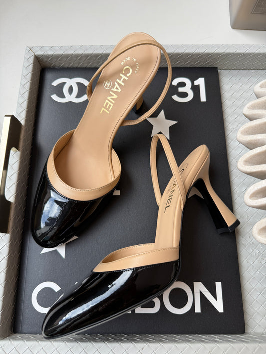 Chanel SS26 Beige Black Lambskin Patent Calfskin Leather Classic Slingbacks Pumps Heels