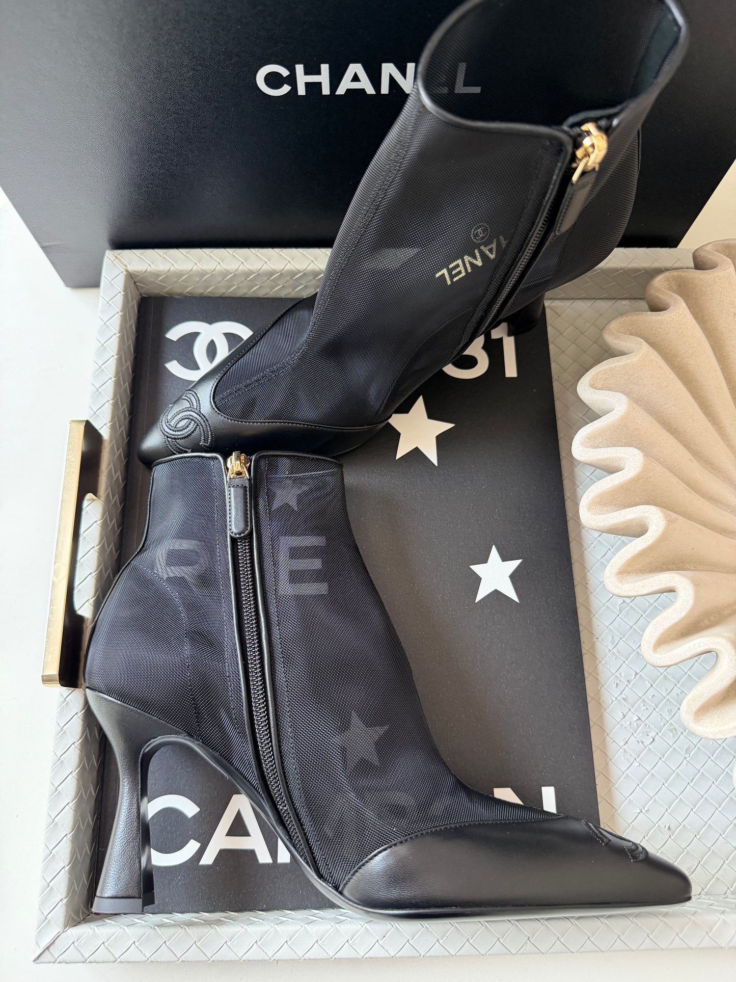Chanel 26B Black Mesh Lambskin Leather CC Logo Cap Toe Booties Ankle Boots