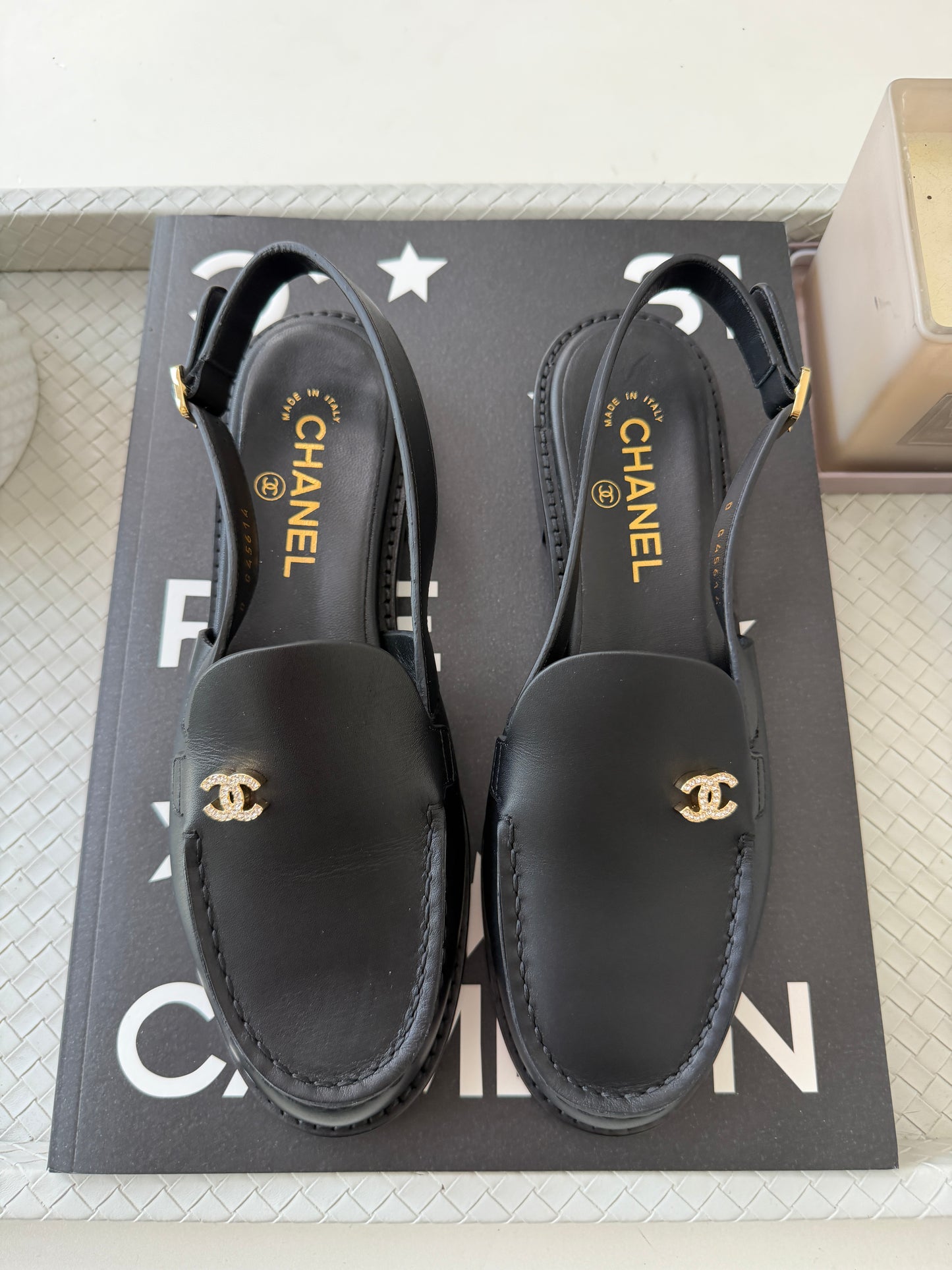 Chanel Metiers D’art 26 Strass CC Logo Black Leather Slingback Loafers Flats