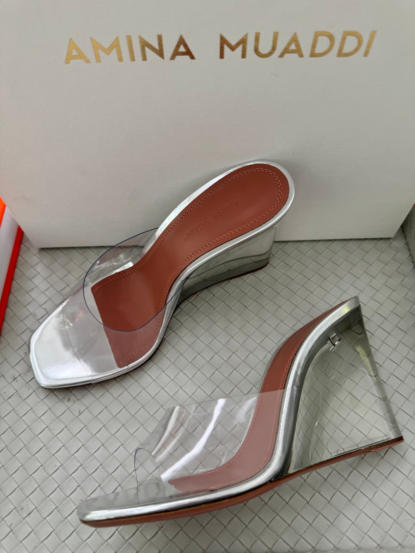 Amina Muaddi Lupita Glass Wedge PVC Clear Silver Mule Sandals Heel Shoes