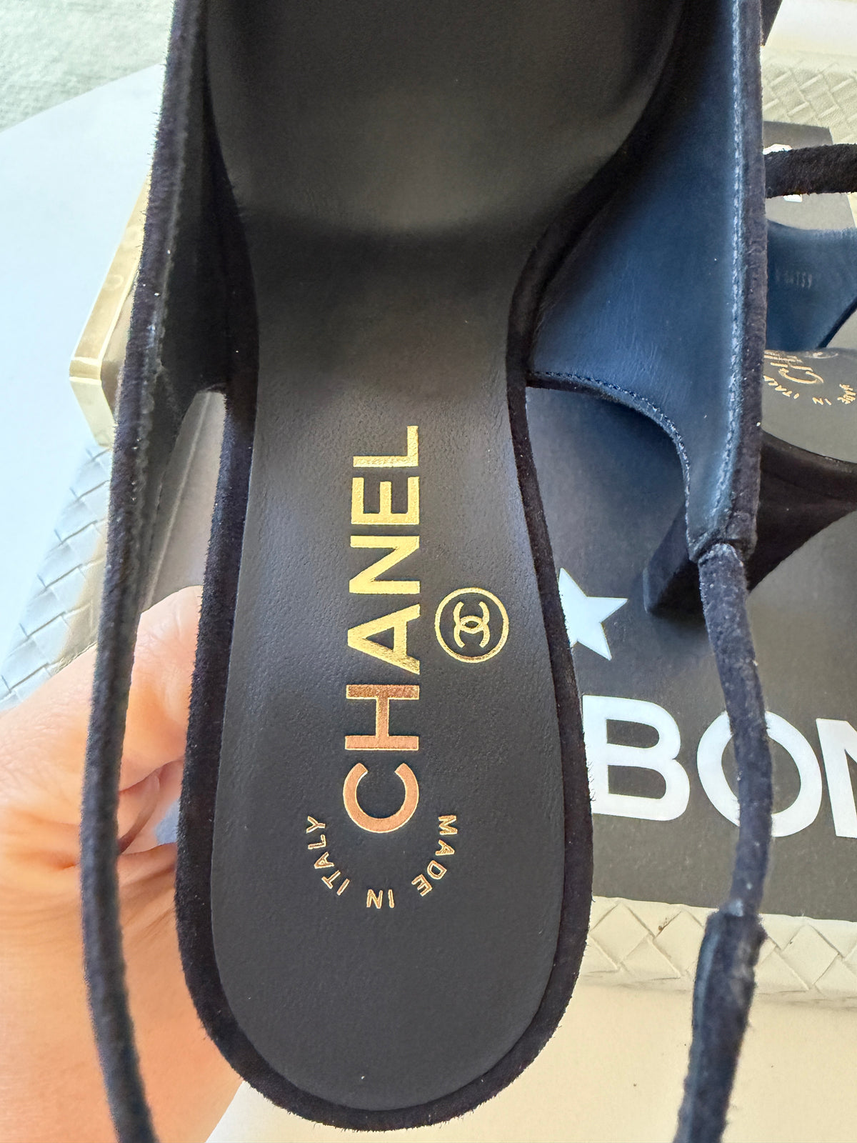 Chanel 26K Blazy Black Suede White Square Toe CC Slingback Sling Heel Pumps Heels