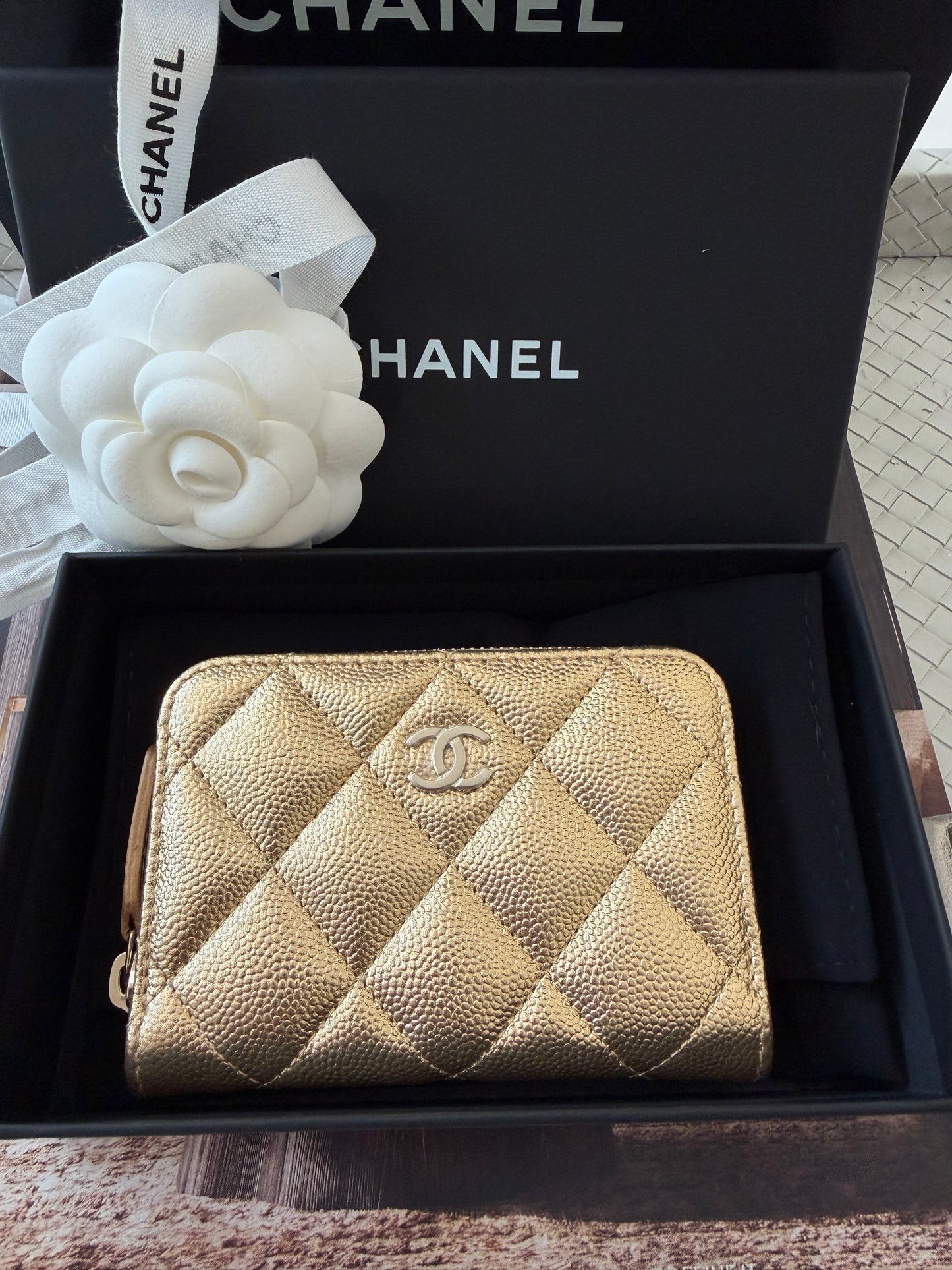 Chanel 26 Classic Zipped Zip Coin Purse Caviar Leather Gold Dore Metallic Wallet