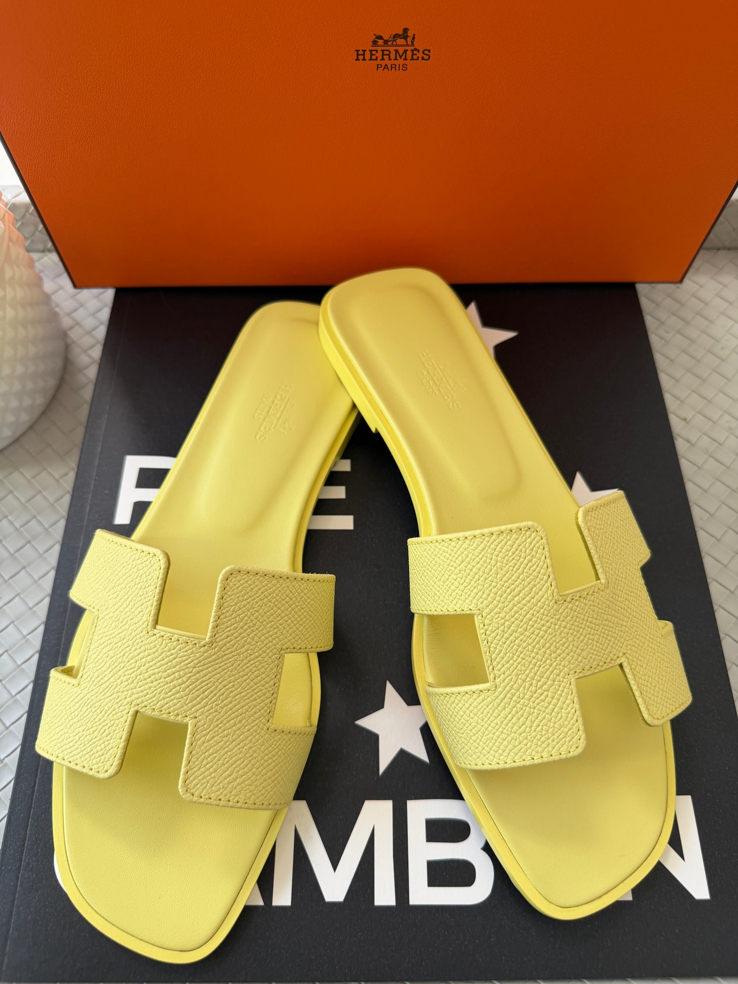 HERMES Oran Bright Yellow Jaune D'orge Epsom Leather Logo Sandals Flats Mules