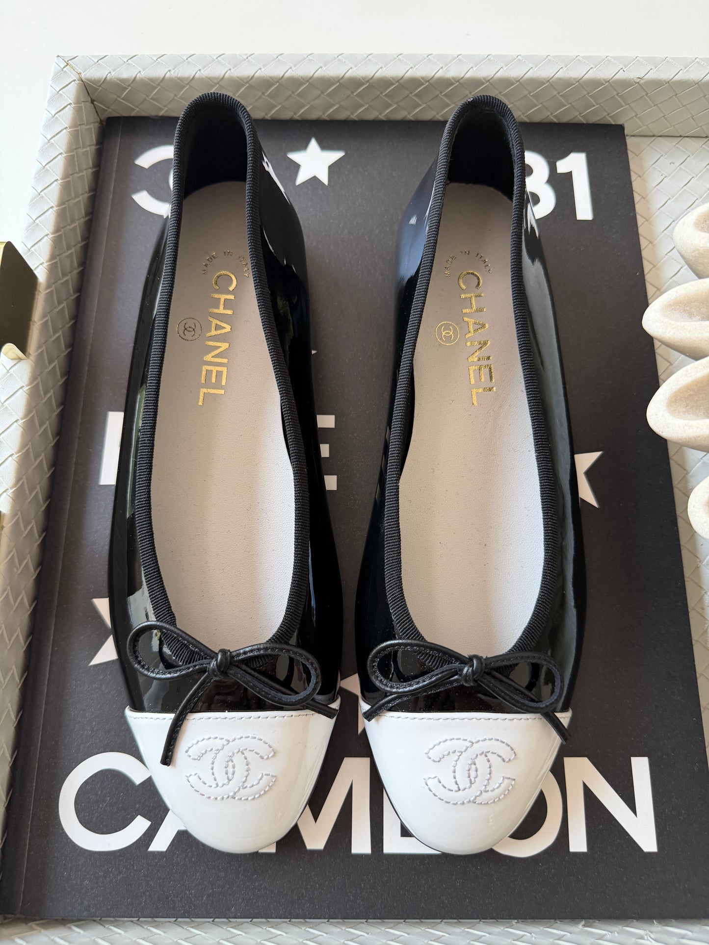 Chanel 26 Black Patent Leather White Cap Toe CC Logo Flat Ballet Ballerina Flats