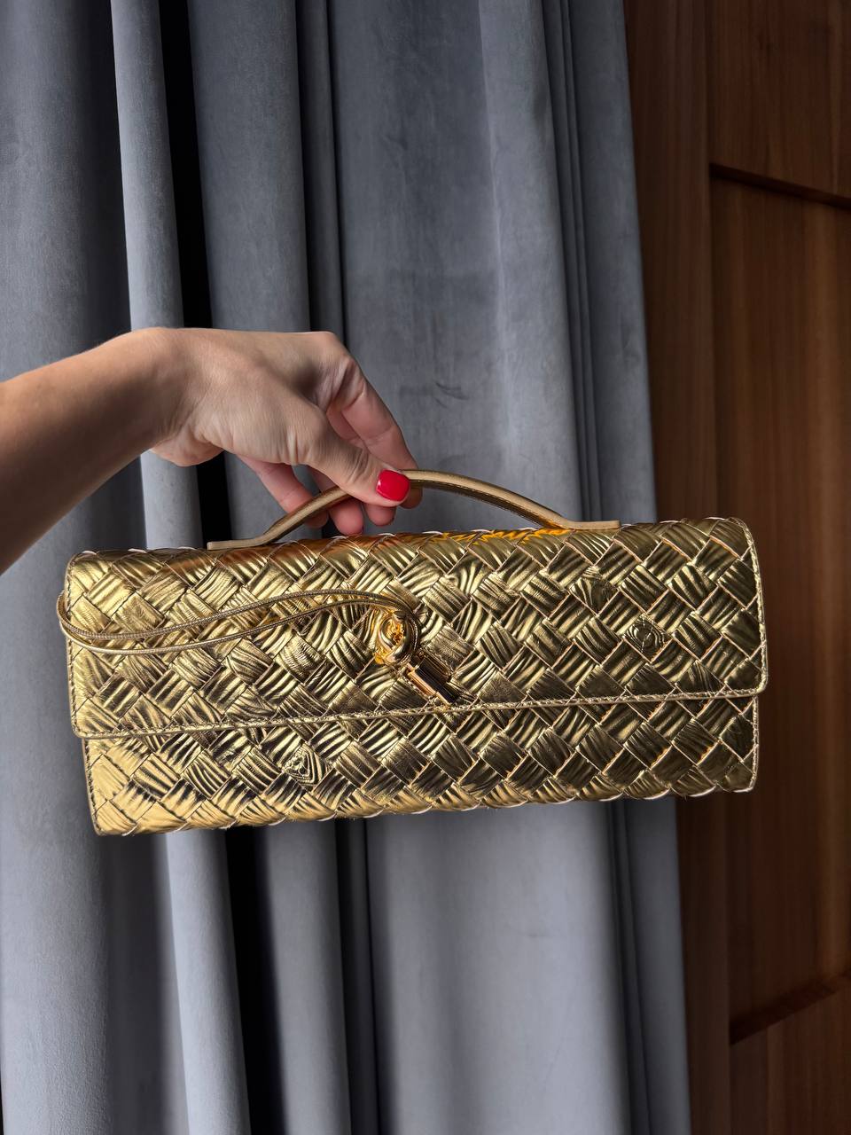 Bottega Veneta Andiamo Gold Metallic Bark Calfskin Top Handle Clutch Handbag Purse