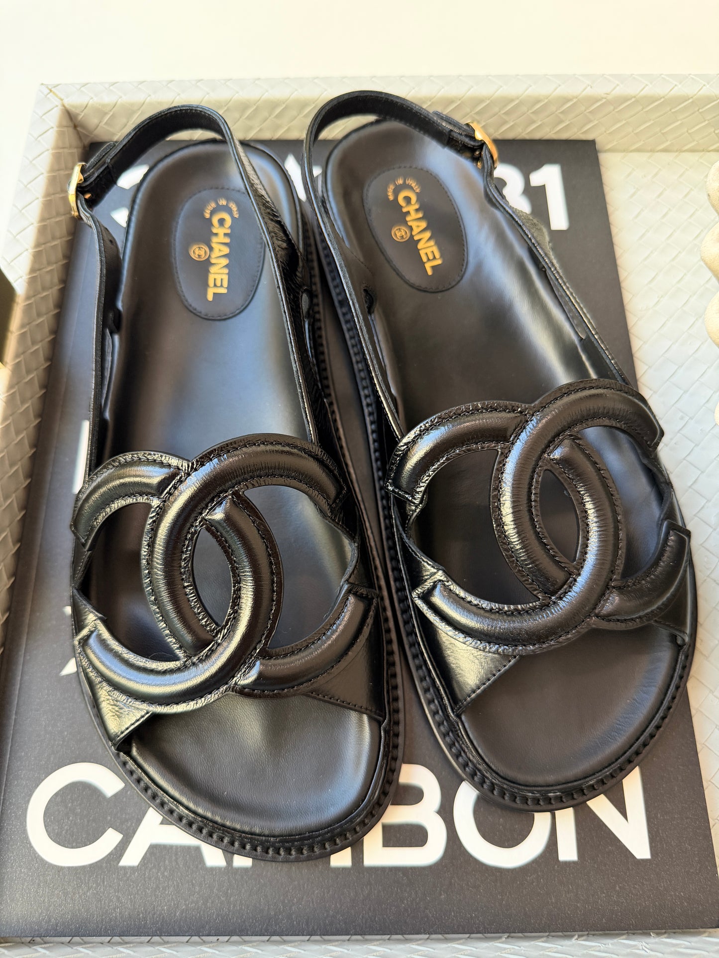 Chanel FW 26 Blazy Crumpled Shiny Lambskin Leather Black CC Logo Dad Sandals Slingbacks