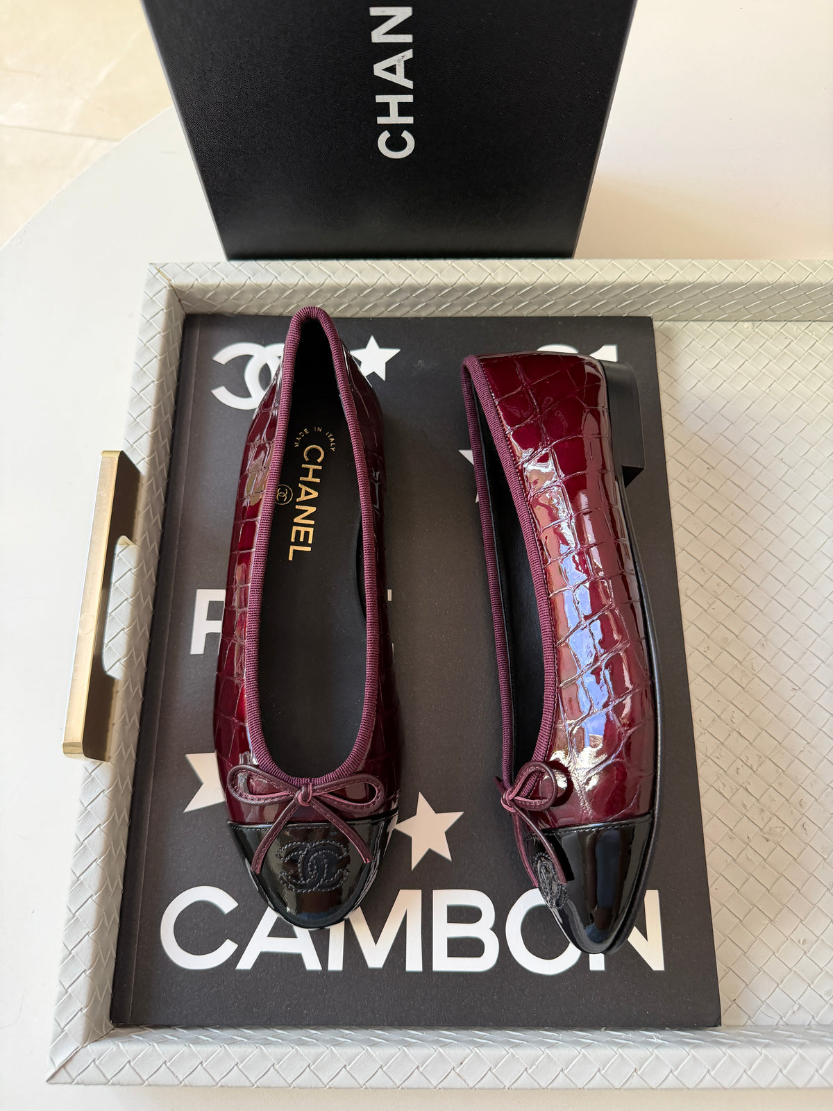 Chanel 26A Burgundy Croc Embossed Patent Metiers d’Art Black Cap Toe Ballet Ballerina Flats