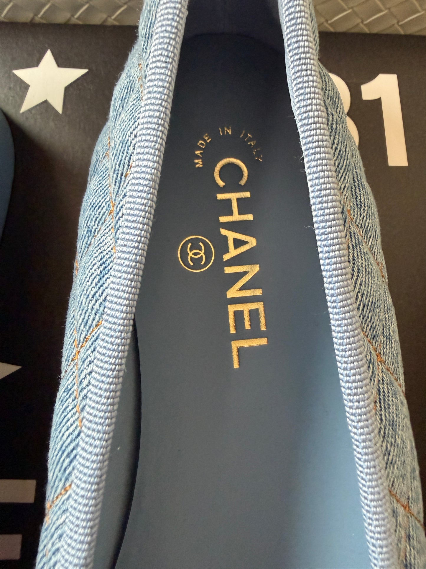 Chanel 26B Blazy Quilted Denim CC Logo Ballet Flats Light Blue Jean Ballerina