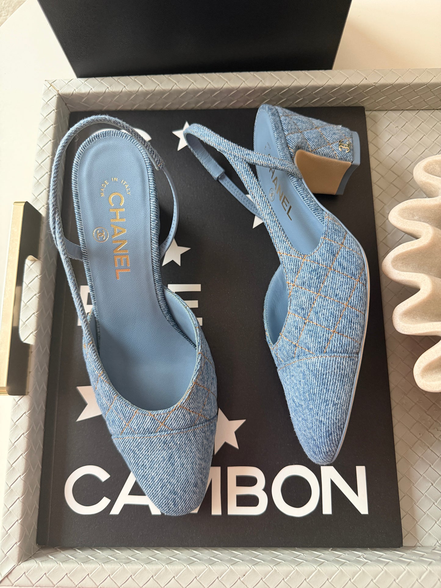 Chanel 26B CC Logo Light Blue Quilted Denim Jean Slingback Pumps Chunky Heel