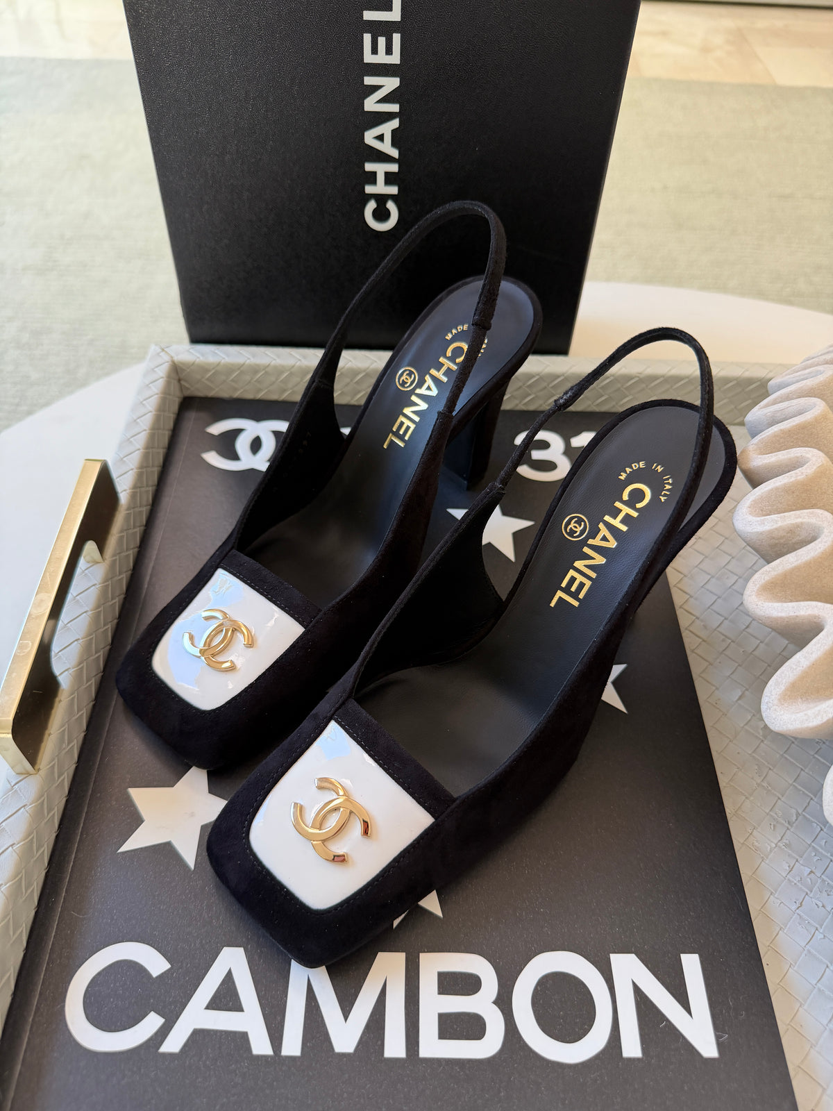 Chanel 26K Blazy Black Suede White Square Toe CC Slingback Sling Heel Pumps Heels