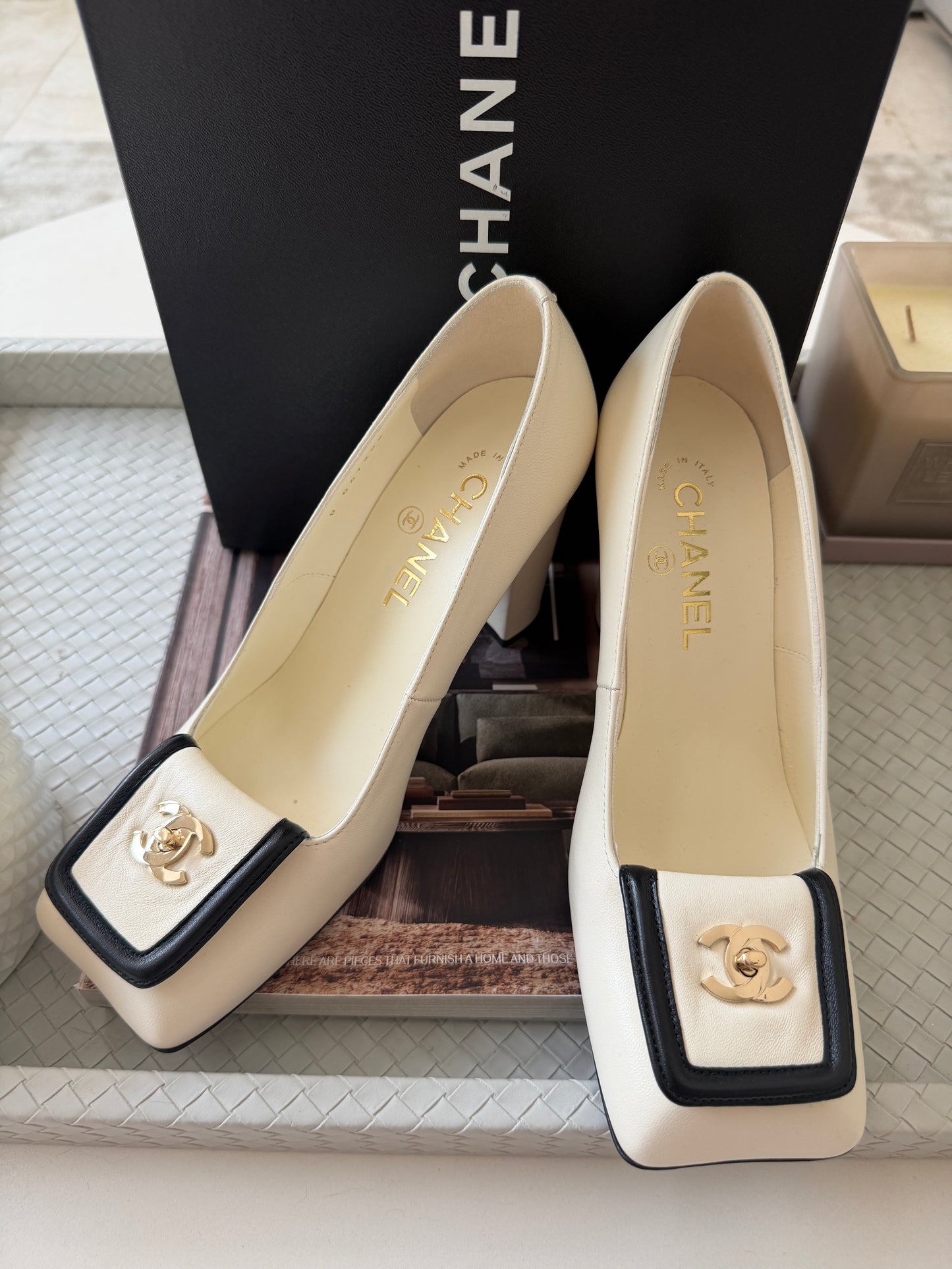 Chanel SS 26 Blazy Ivory Black Lambskin Square Toe CC Logo Turn-lock Pumps Heels