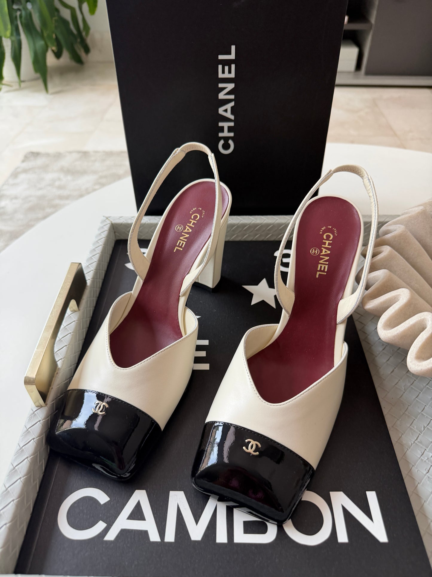 Chanel 26S Blazy Ivory Ecru Black Square Cap Toe Sling CC Slingback Chunky Heel Pumps