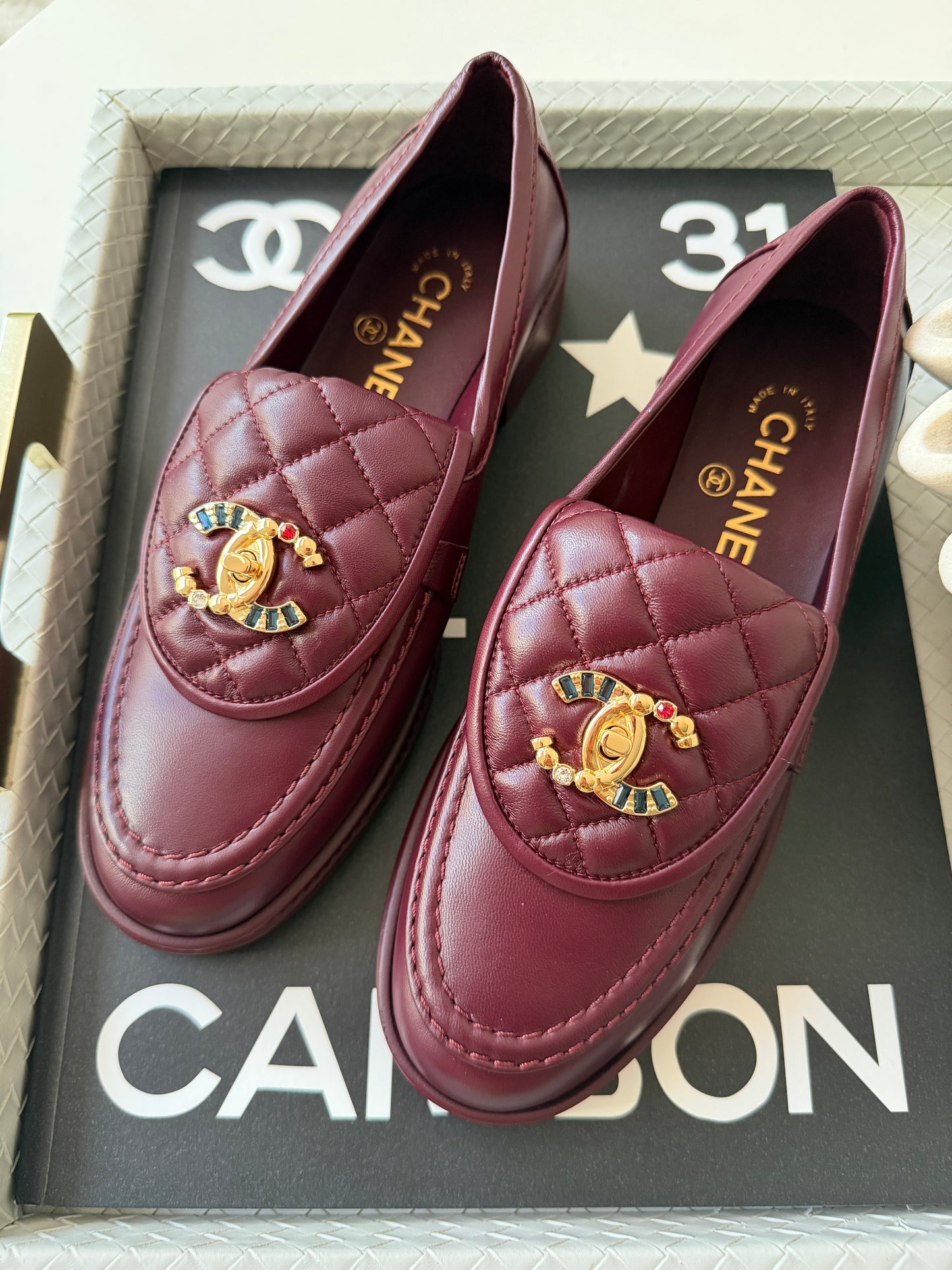 CHANEL BURGUNDY LEATHER LOAFERS OXFORD SHOES GOLD STRASS GEMS CC TURNLOCK MOCCASINS