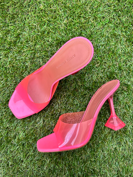 Amina Muaddi Lupita Glass Bubblegum Pink PVC Mule Mules Plastic Heels