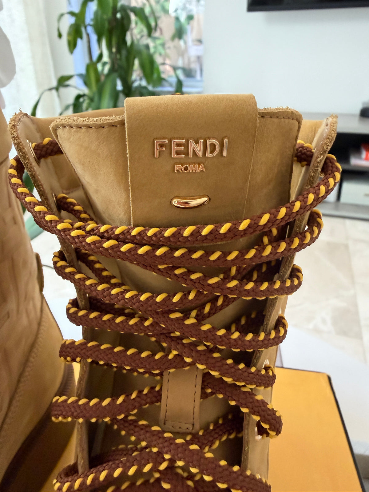 Fendi Filo Beige Nubuck FF Embossed Logo Lace Up Tie Combat Ankle Biker Boots