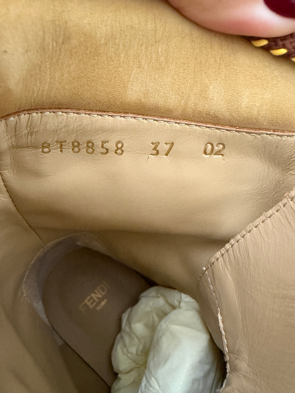 Fendi Filo Beige Nubuck FF Embossed Logo Lace Up Tie Combat Ankle Biker Boots