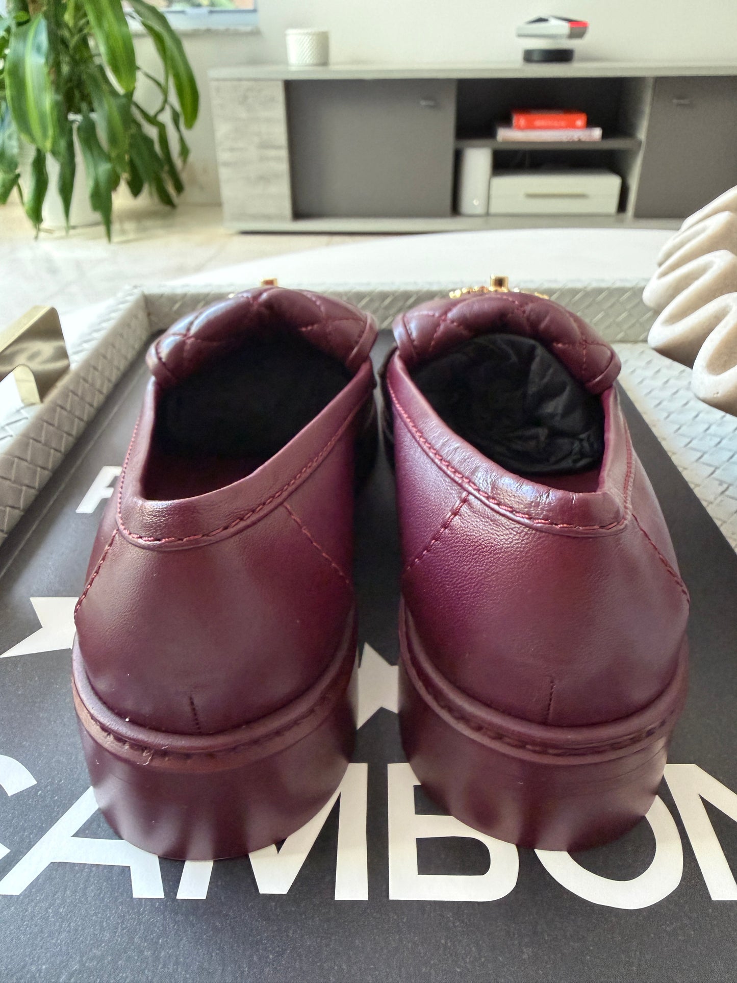 CHANEL BURGUNDY LEATHER LOAFERS OXFORD SHOES GOLD STRASS GEMS CC TURNLOCK MOCCASINS