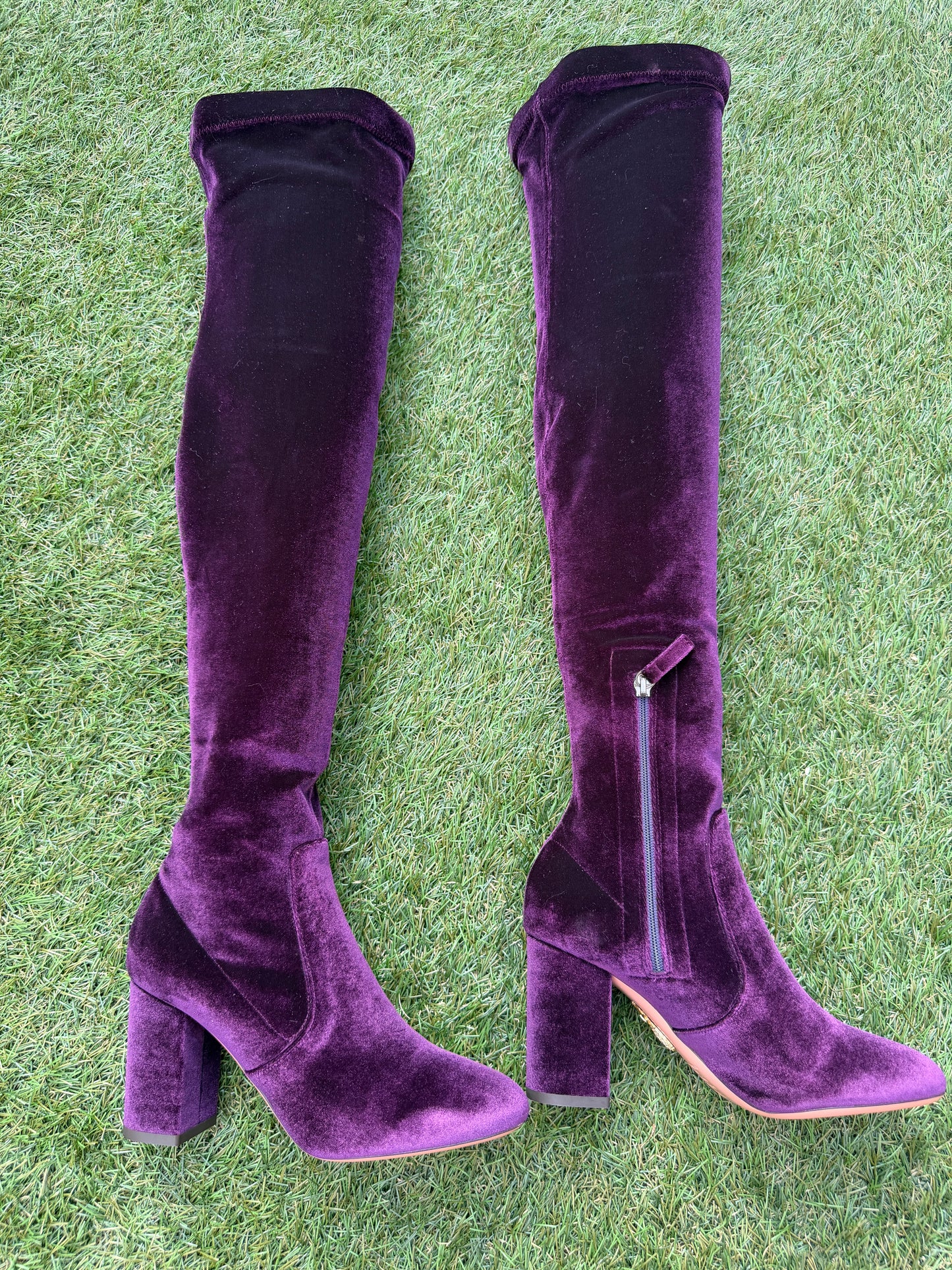 AQUAZZURA VELVET 85 THIGH HIGH  PURPLE SO ME ZIP OVER KNEE BOOT BOOTS