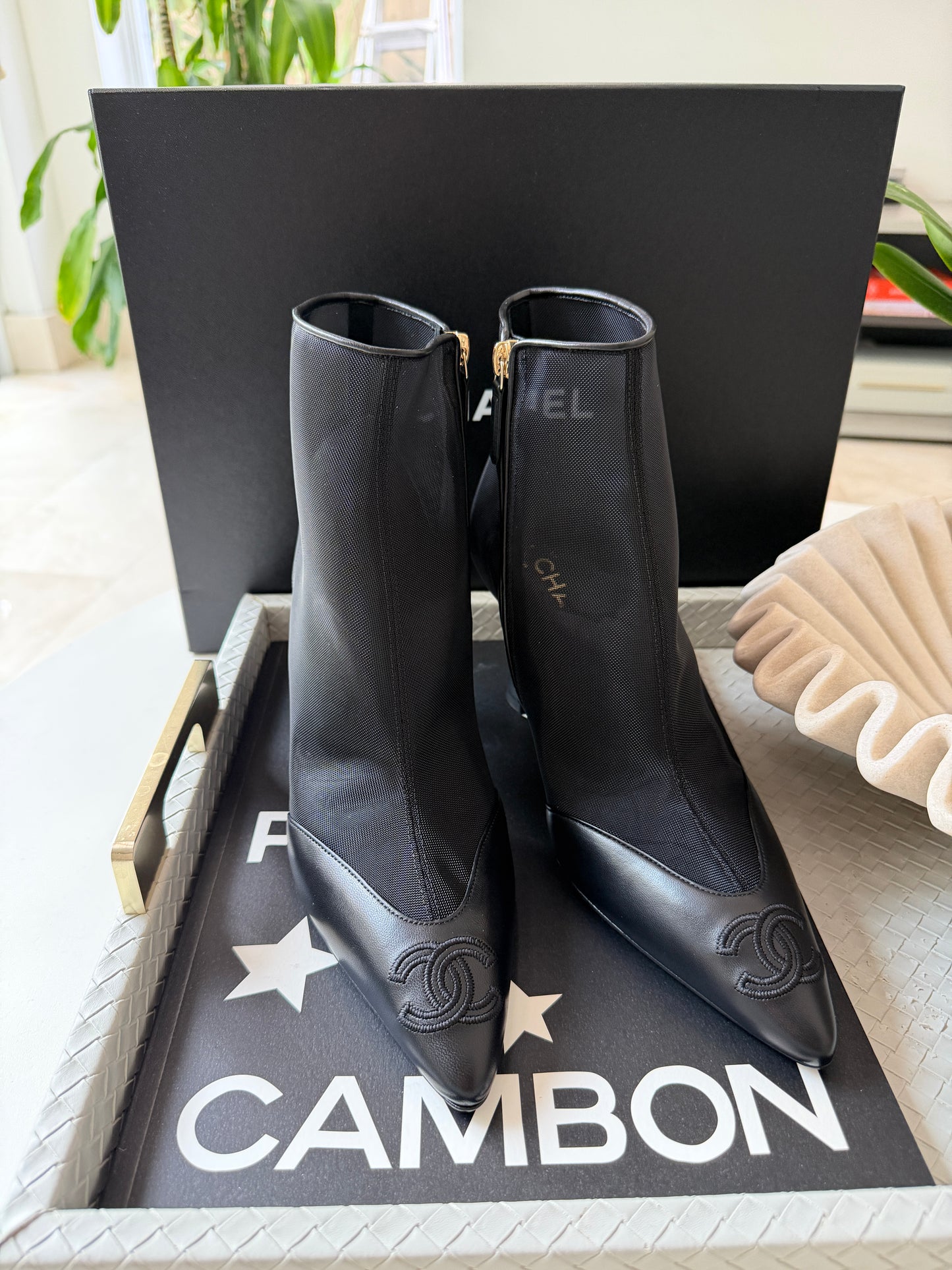 Chanel 26B Black Mesh Lambskin Leather CC Logo Cap Toe Booties Ankle Boots