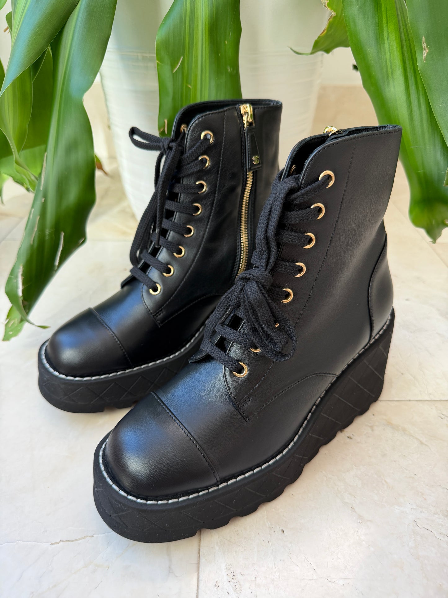 Chanel 2024 Platform Interlocking CC Logo Combat Wedge Lambskin Lace Up Ankle Boots