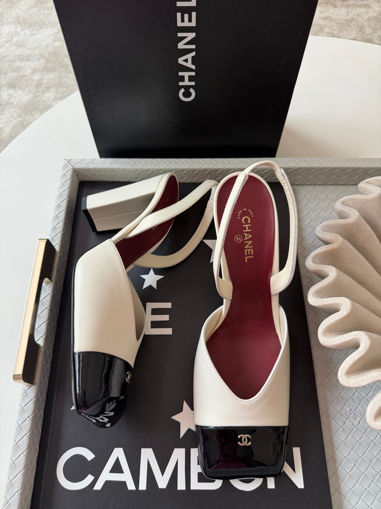 Chanel 26S Blazy Ivory Ecru Black Square Cap Toe Sling CC Slingback Chunky Heel Pumps