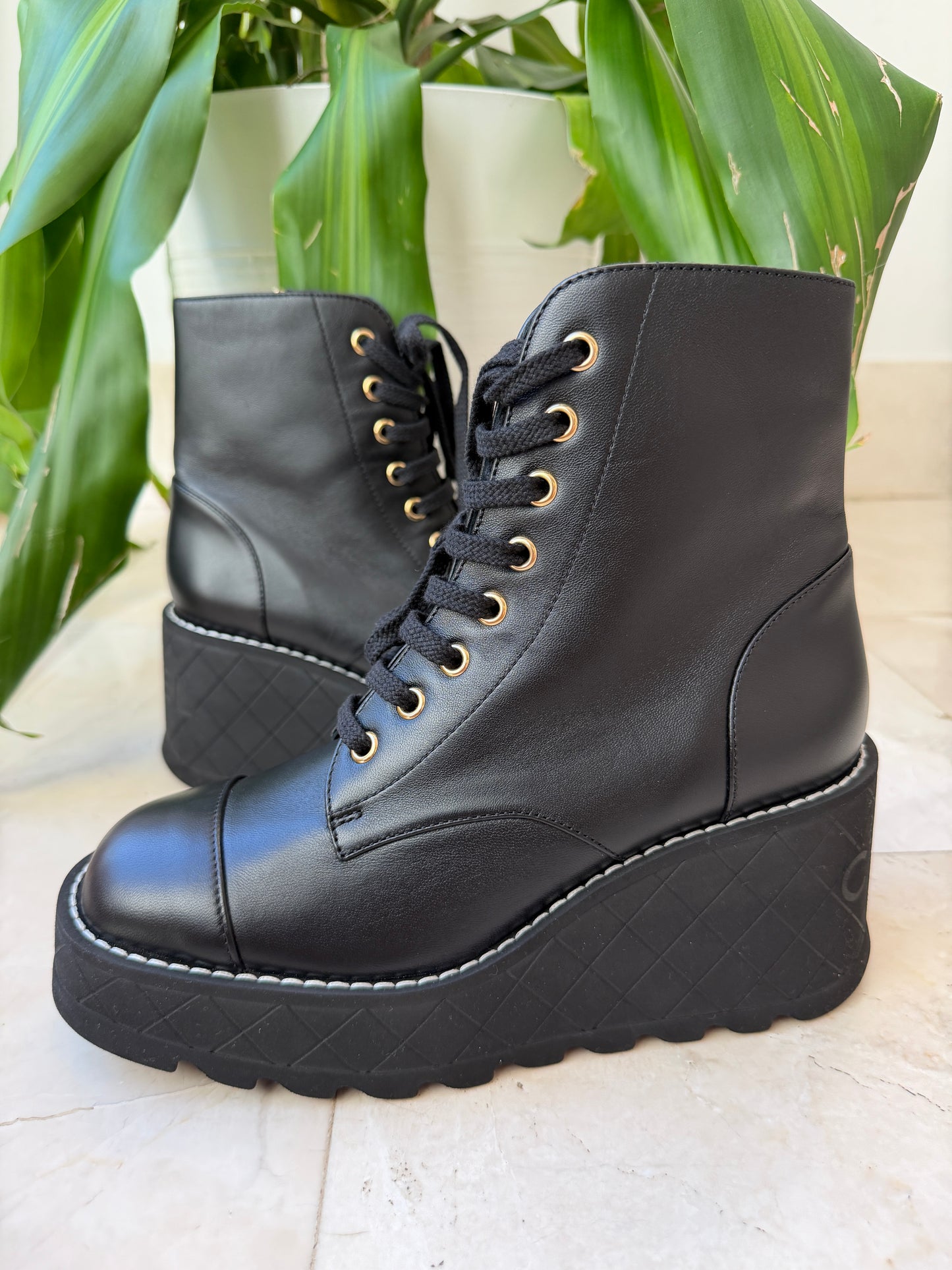 Chanel 2024 Platform Interlocking CC Logo Combat Wedge Lambskin Lace Up Ankle Boots