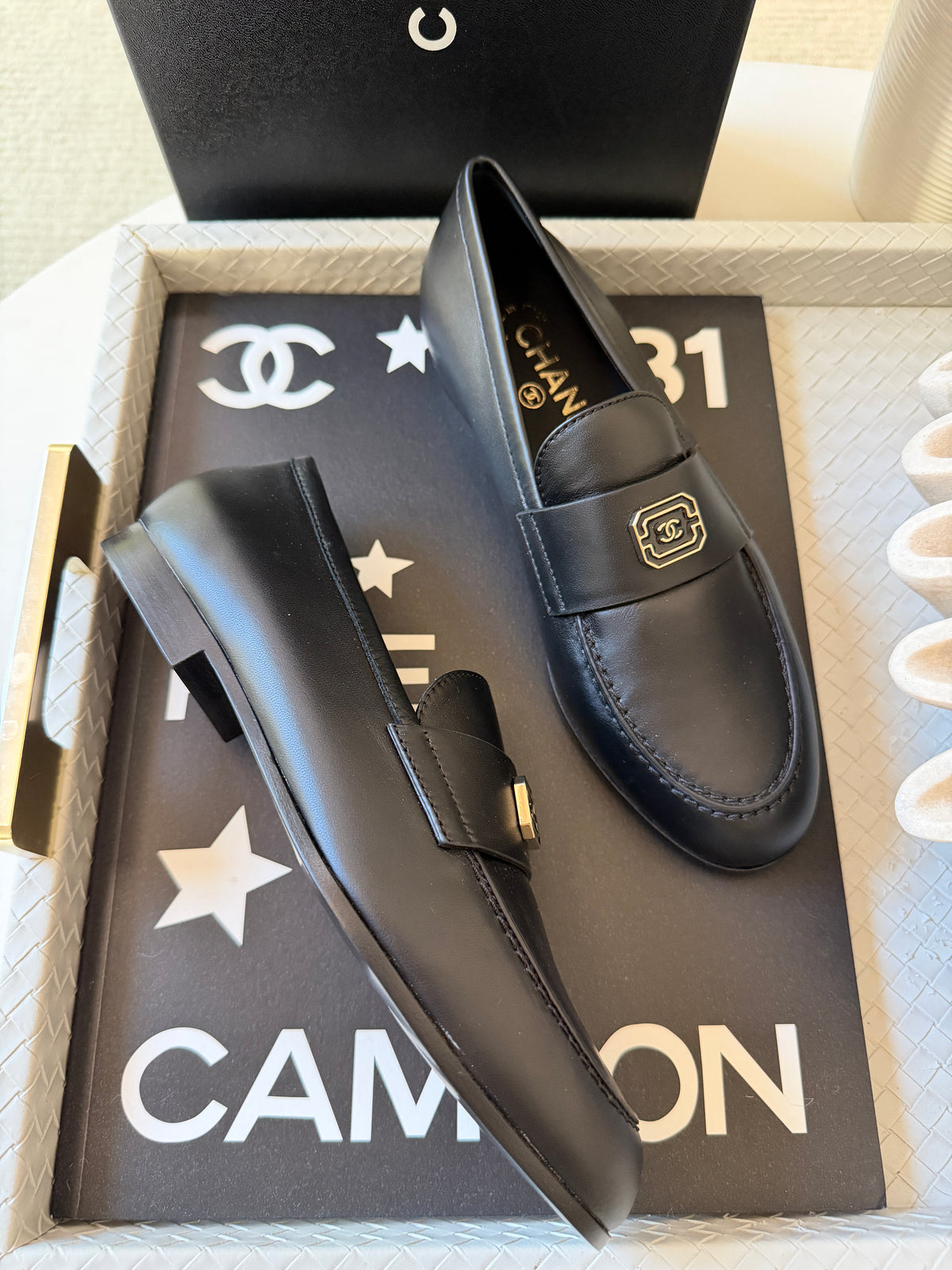 Chanel 2024 Classic Lambskin Leather Black Enamel CC Logo Moccasins Loafers Flats Shoes