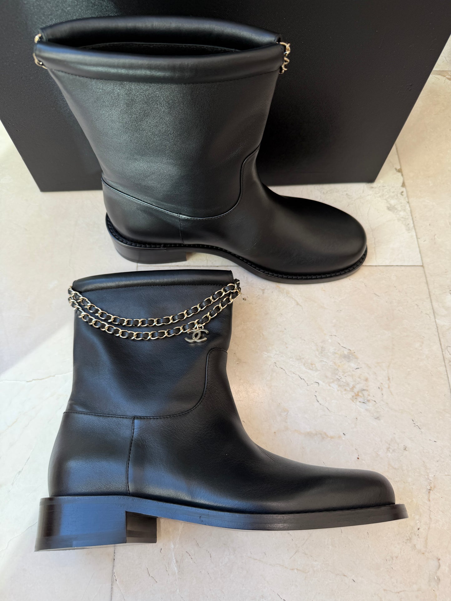 Chanel Calfskin CC Chain Logo Clover Gold Chain Charms Black Leather Boots Ankle Flat Booties