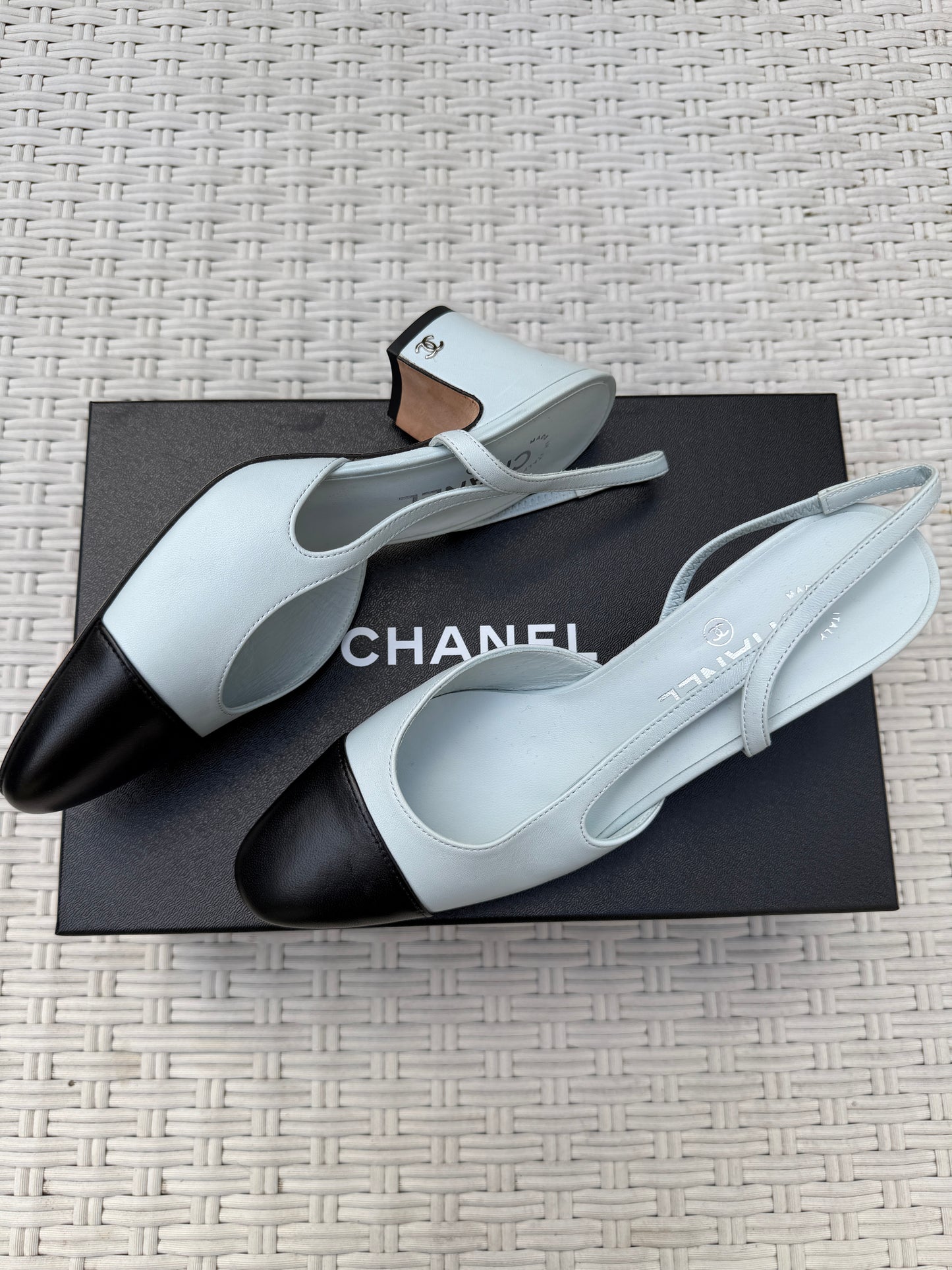 CHANEL CLASSIC LOGO LIGHT BLUE LEATHER SLINGBACK LOW HEEL SLINGBACKS CAP TOE