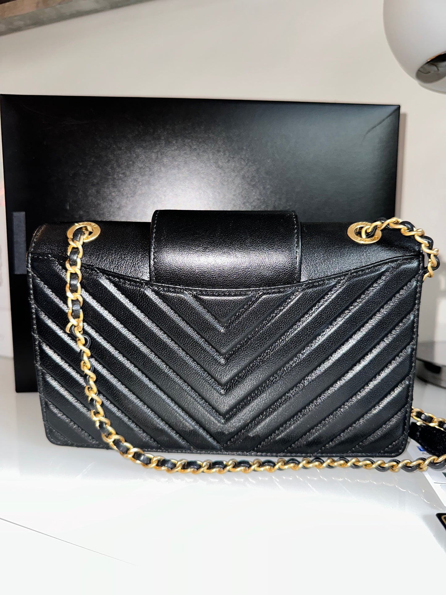 Chanel Collar and Tie Flap Bag Chevron Sheepskin Mini Gold Metal Black Handbag Pre-Owned