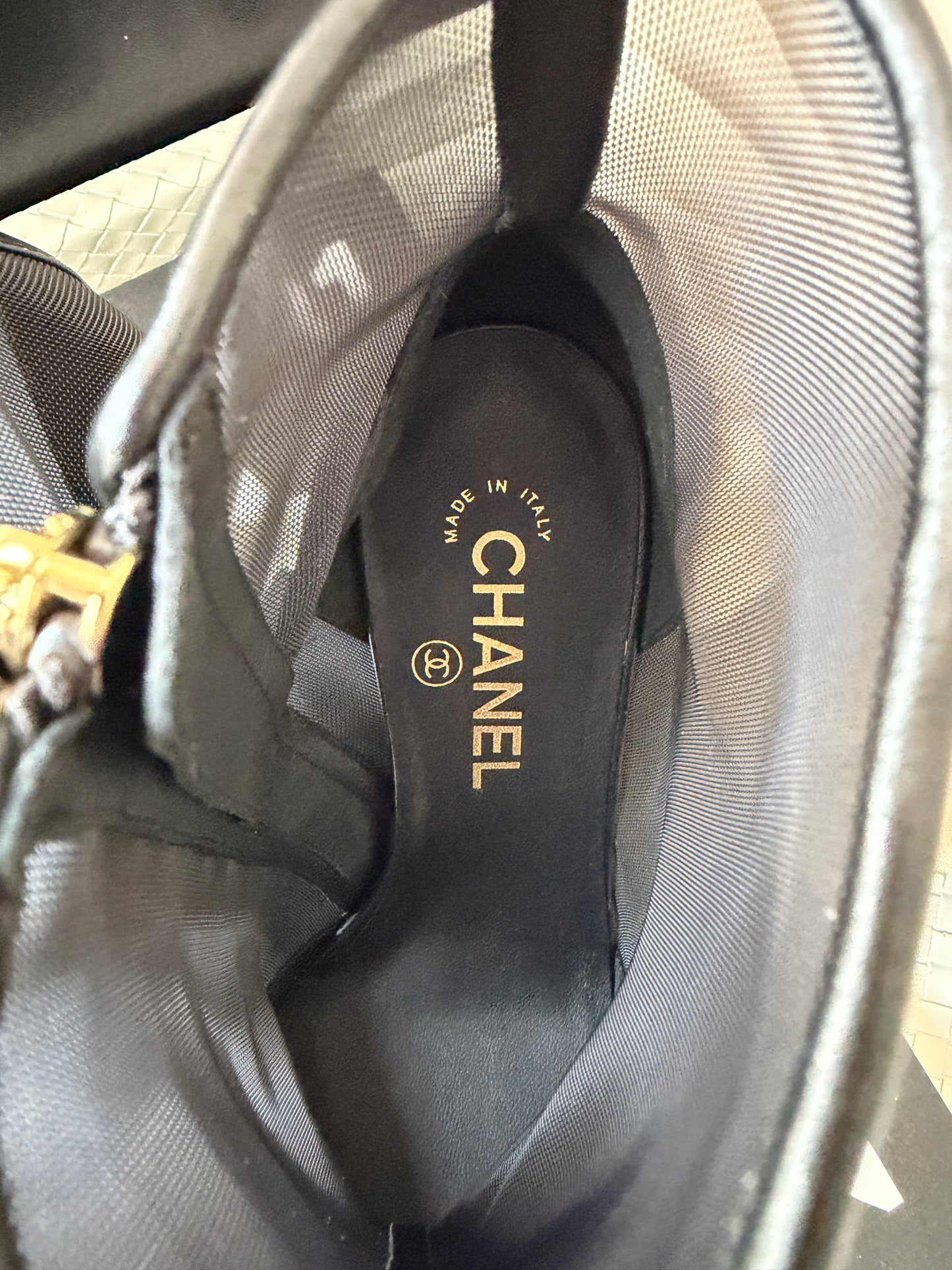 Chanel 26B Black Mesh Lambskin Leather CC Logo Cap Toe Booties Ankle Boots
