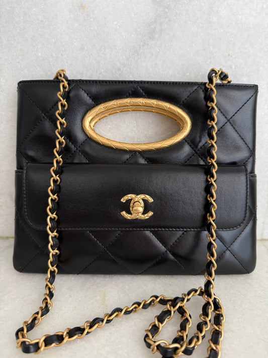 Chanel Quilted Black Lambskin Leather Chain Handle Pocket Gold Tone CC Logo Shoulder Clutch Purse