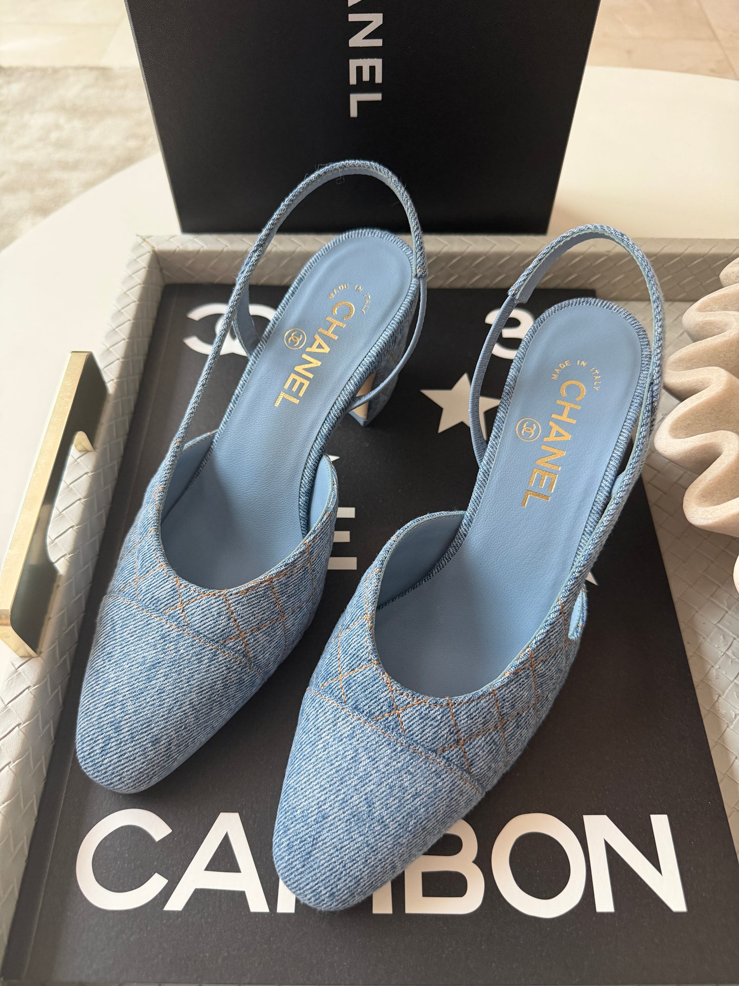 Chanel 26B CC Logo Light Blue Quilted Denim Jean Slingback Pumps Chunky Heel