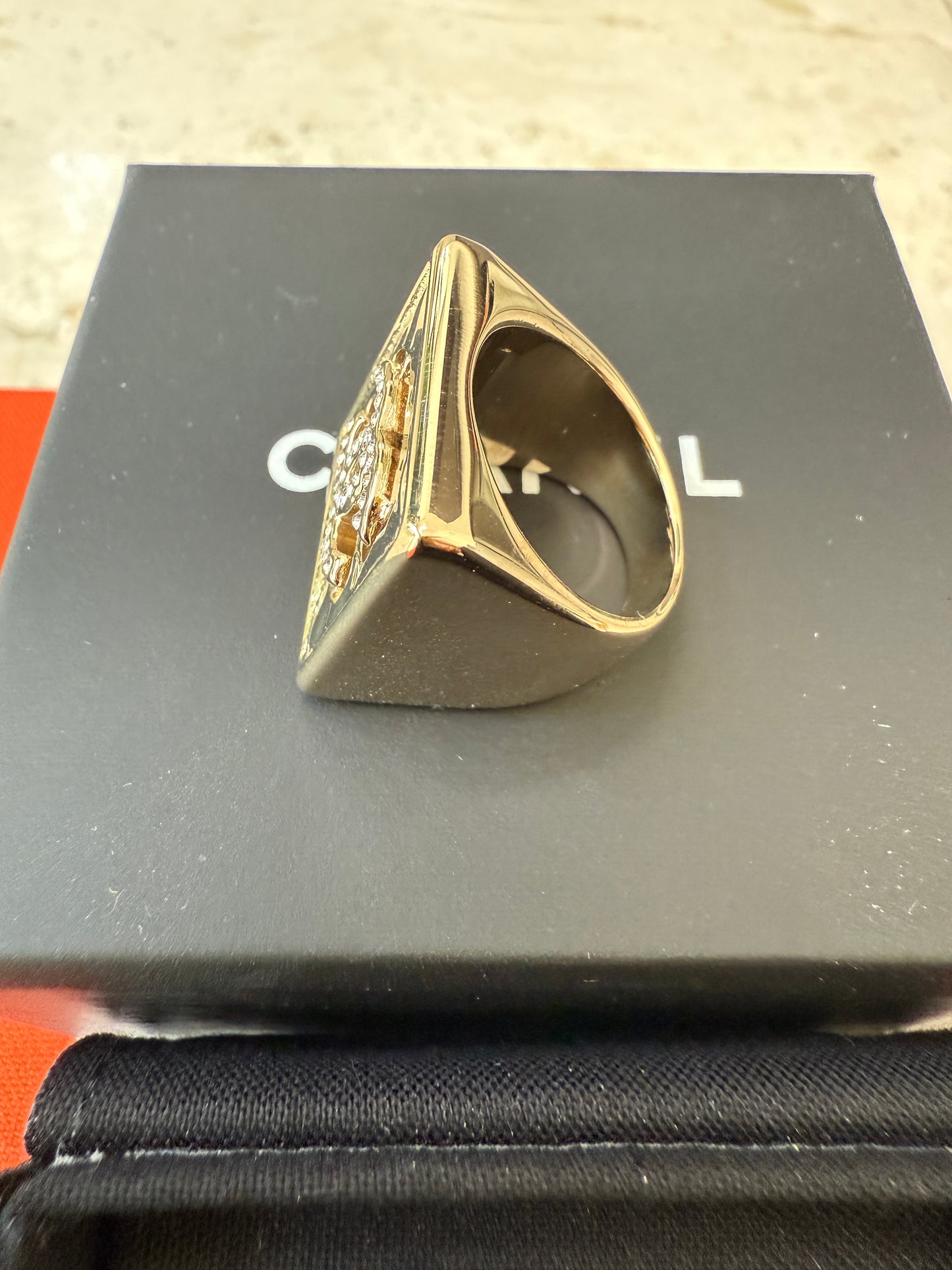 Chanel 22S CC Logo Crystals Strass Crystal Metal Gold Tone Square Ring