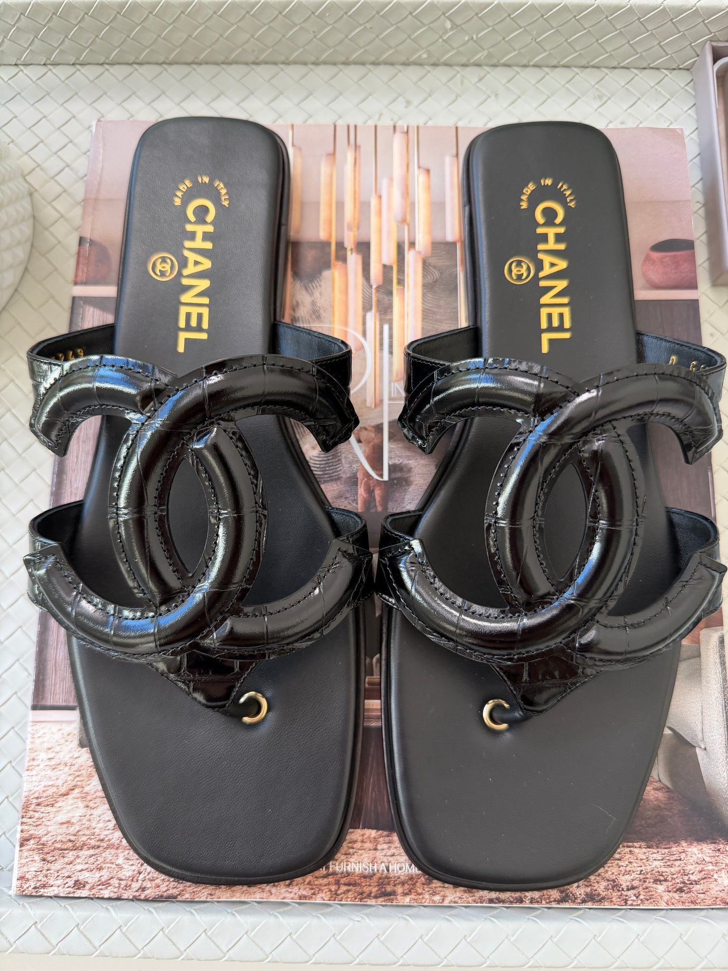 Chanel SS 26 Blazy Black Leather Croc Embossed CC Logo Slides Flat Flip Flop Mules Sandals