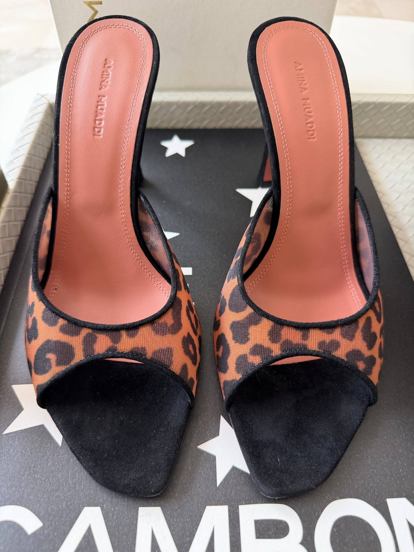 Amina Muaddi 95mm Alexa Black/Brown Leopard Print Mesh Mules Pumps Slides Animal Print Nylon Mule
