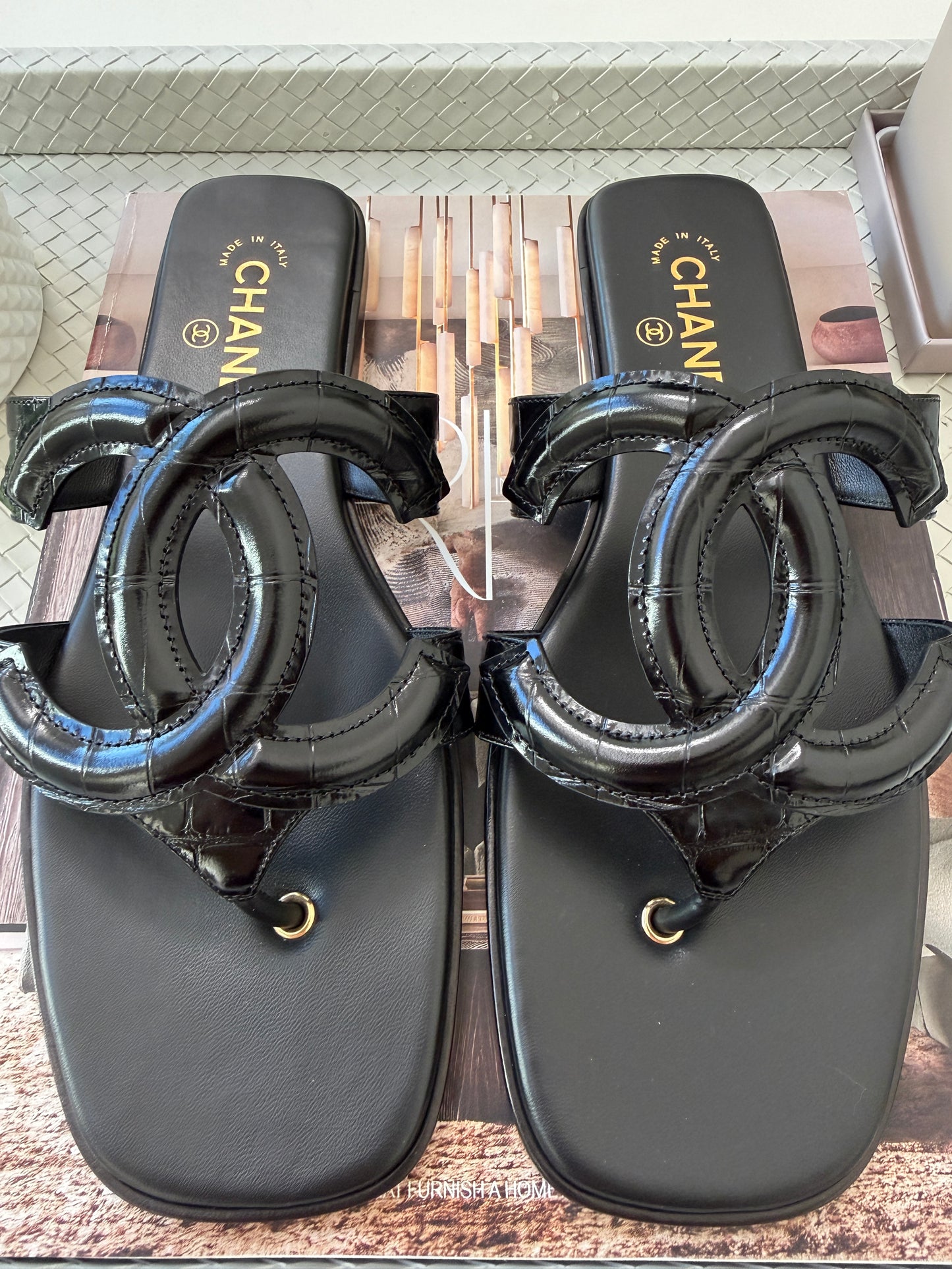 Chanel SS 26 Blazy Black Leather Croc Embossed CC Logo Slides Flat Flip Flop Mules Sandals