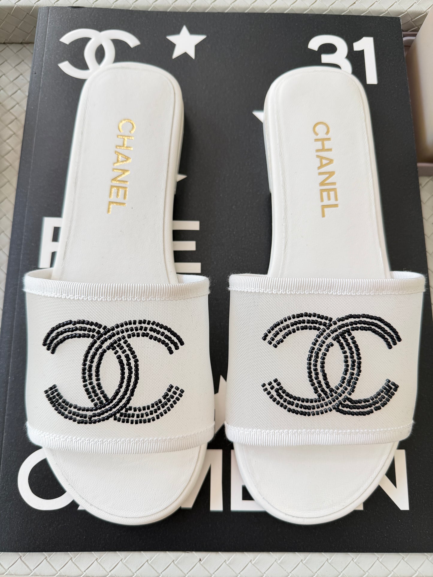 Chanel Blazy White Mesh Black Beads CC Logo Slides Sandals Mules Slide Flats