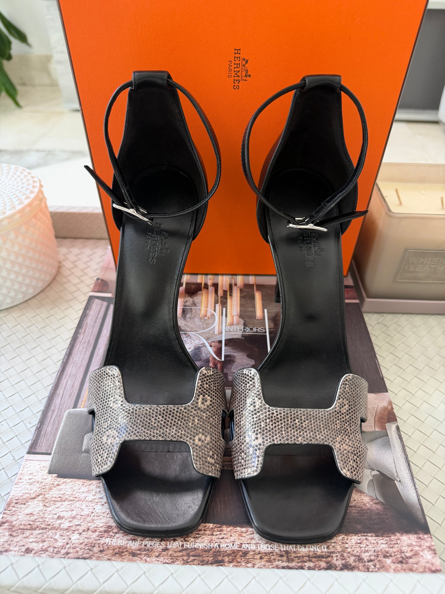 Hermes Joy 105 Ombré Noir Black Natura Lizard Calfskin Leather Ankle Strap Heels