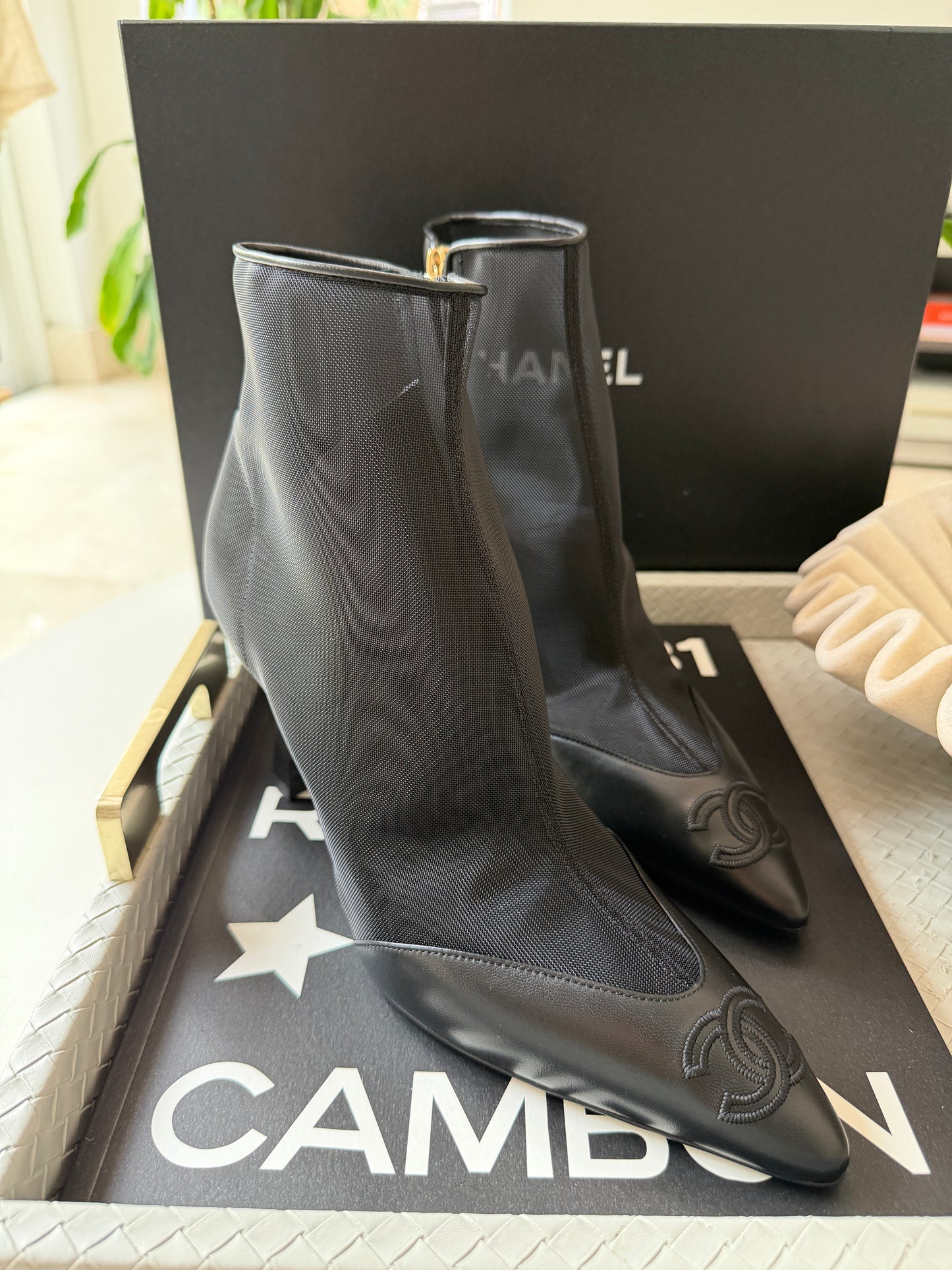 Chanel 26B Black Mesh Lambskin Leather CC Logo Cap Toe Booties Ankle Boots