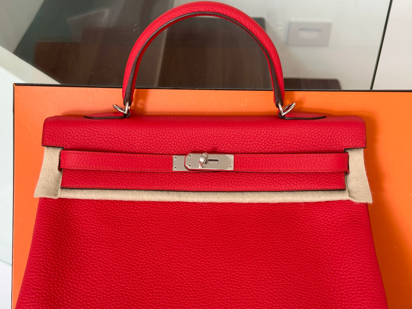 Hermes Kelly 35 Rouge Tomate Red Retourne Togo Leather Palladium Hardware PHW Bag Handbag