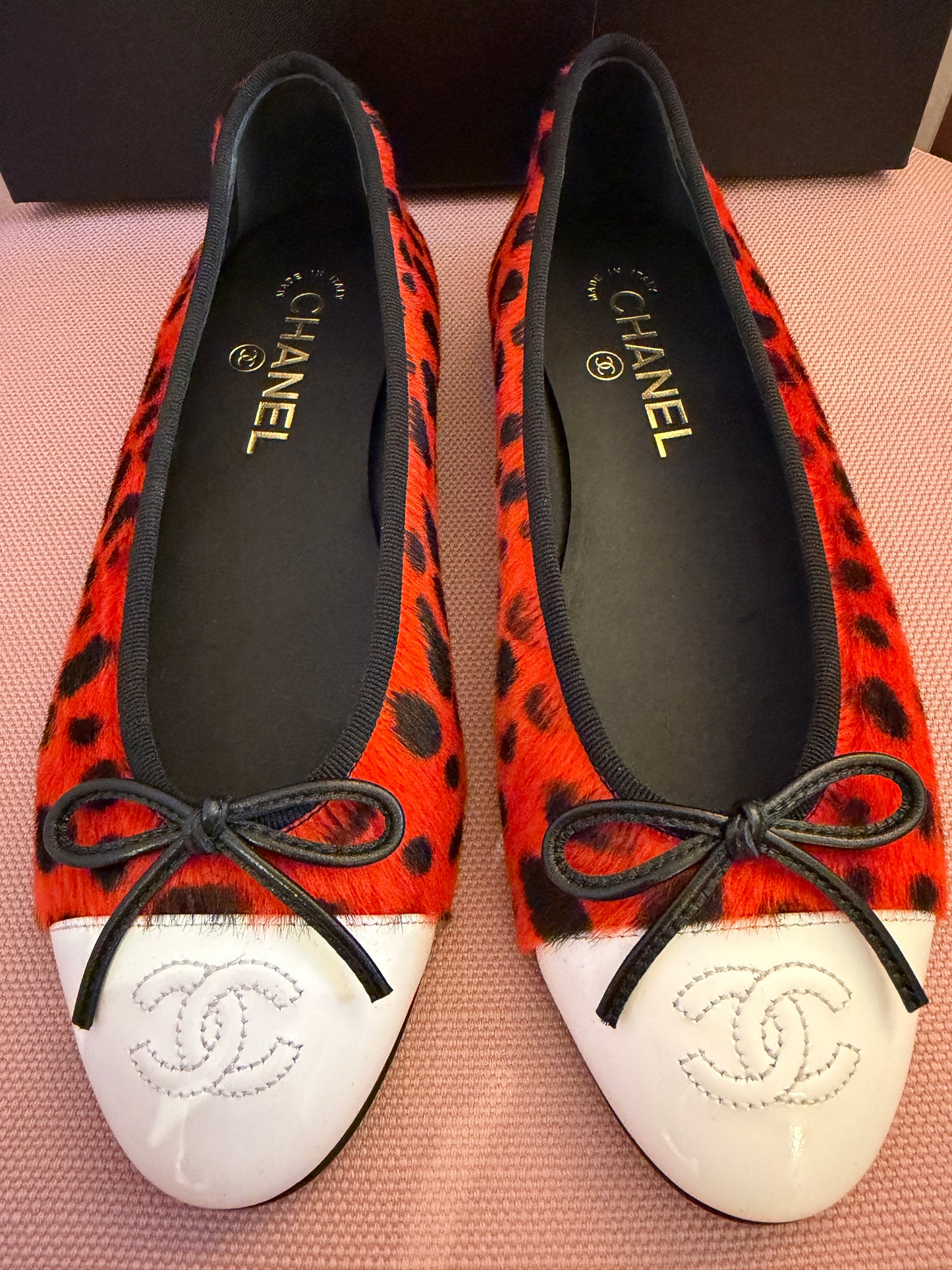 Chanel MÉTIERS D’ART 26 Red Orange Black White Pony Hair Animal Print Ballet Flats
