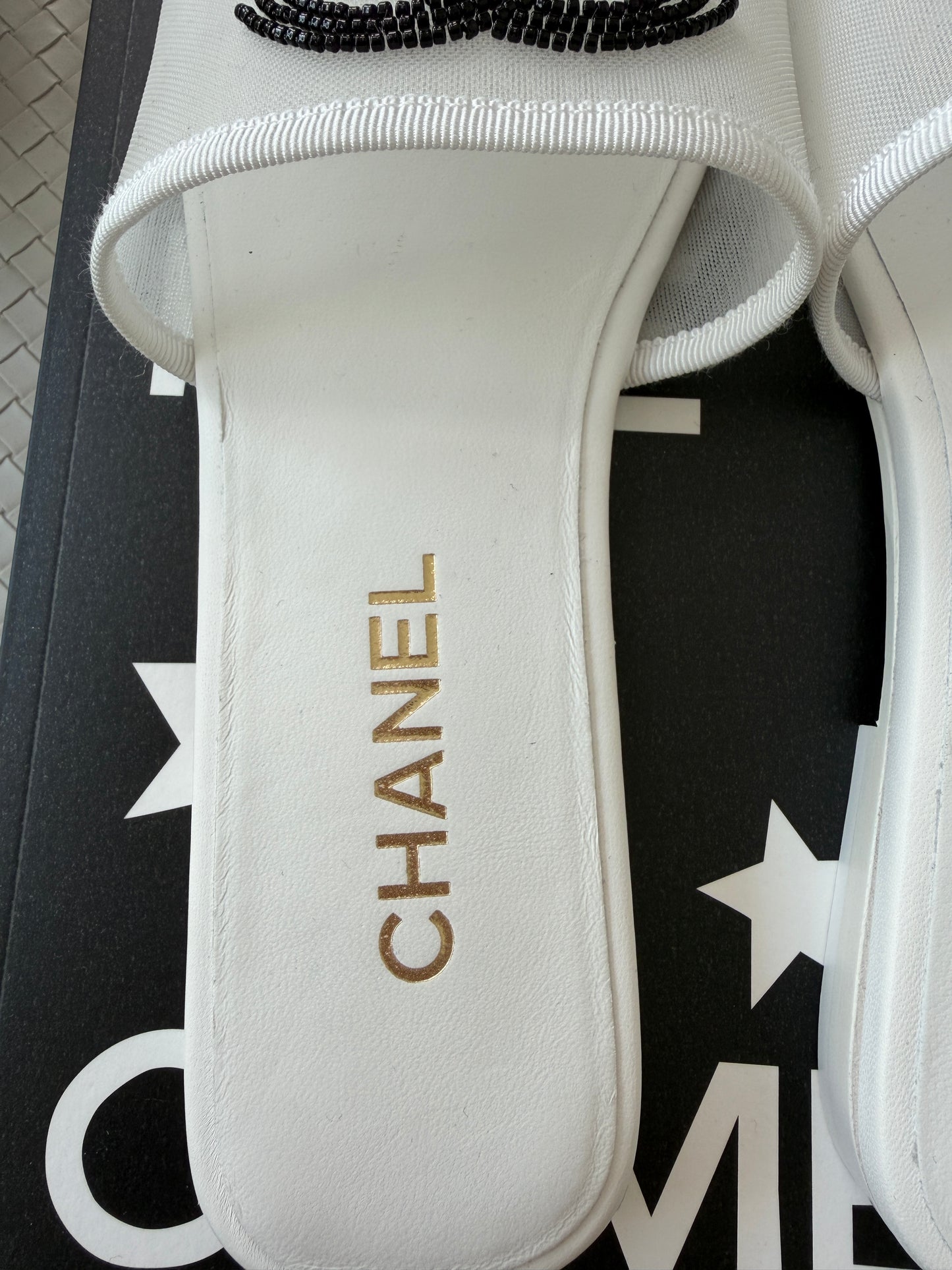 Chanel Blazy White Mesh Black Beads CC Logo Slides Sandals Mules Slide Flats