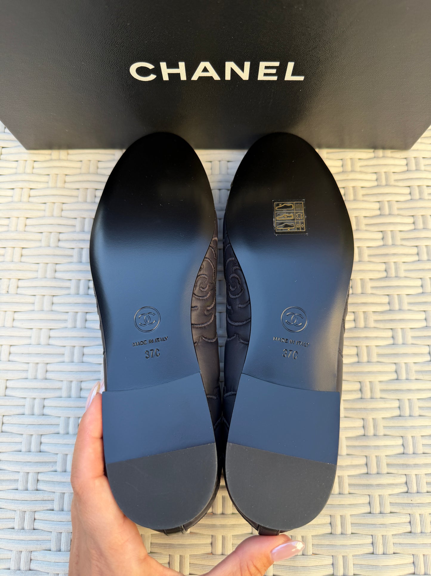 CHANEL CC LOGO CAMELLIA EMBOSSED BLACK NYLON BALLET BALLERINA FLATS CAP TOE
