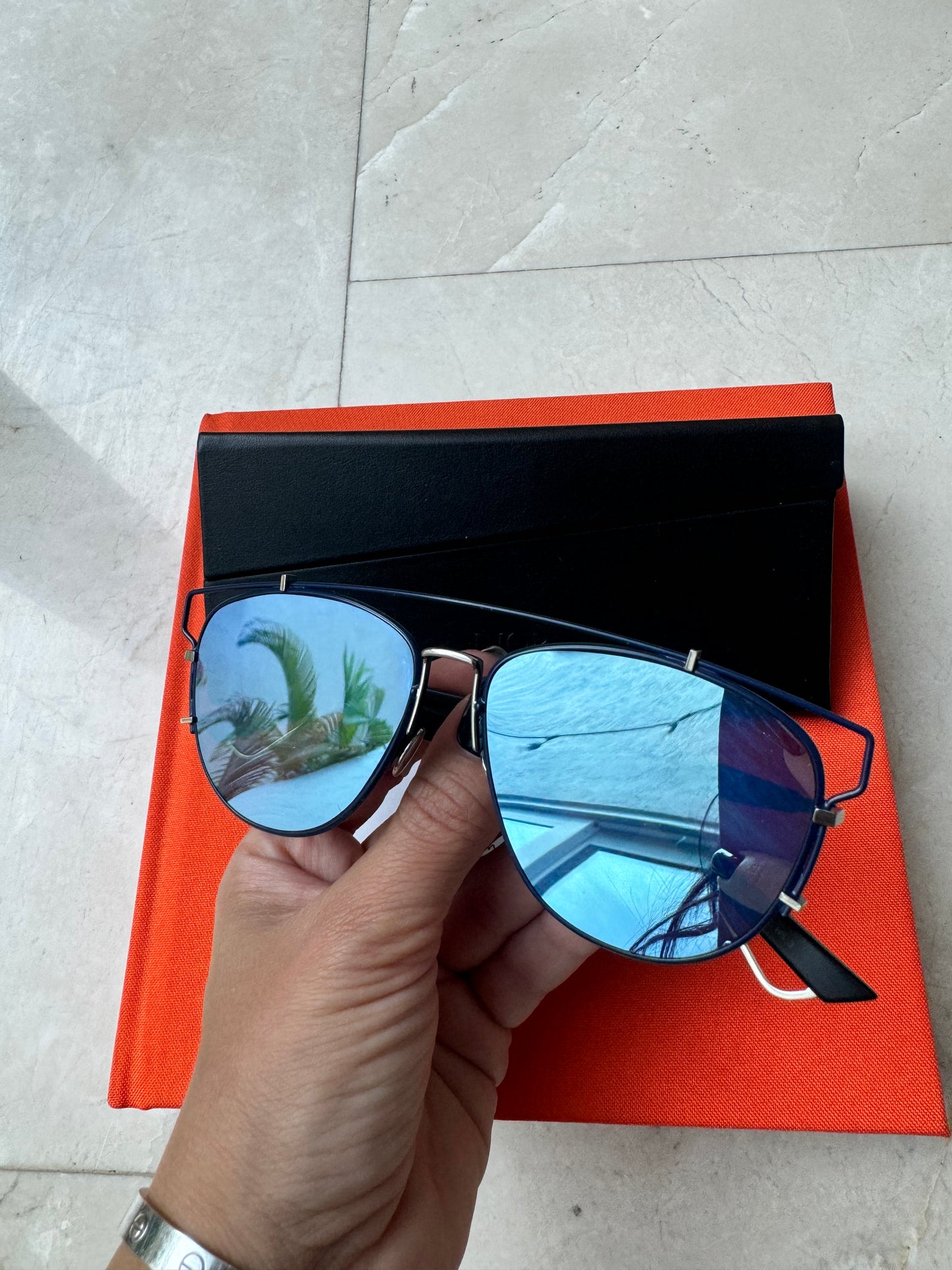 Christian Dior CD Technologic PQU/A4 Navy  Blue Mirrored Pilot Sunglasses Pre-Owned