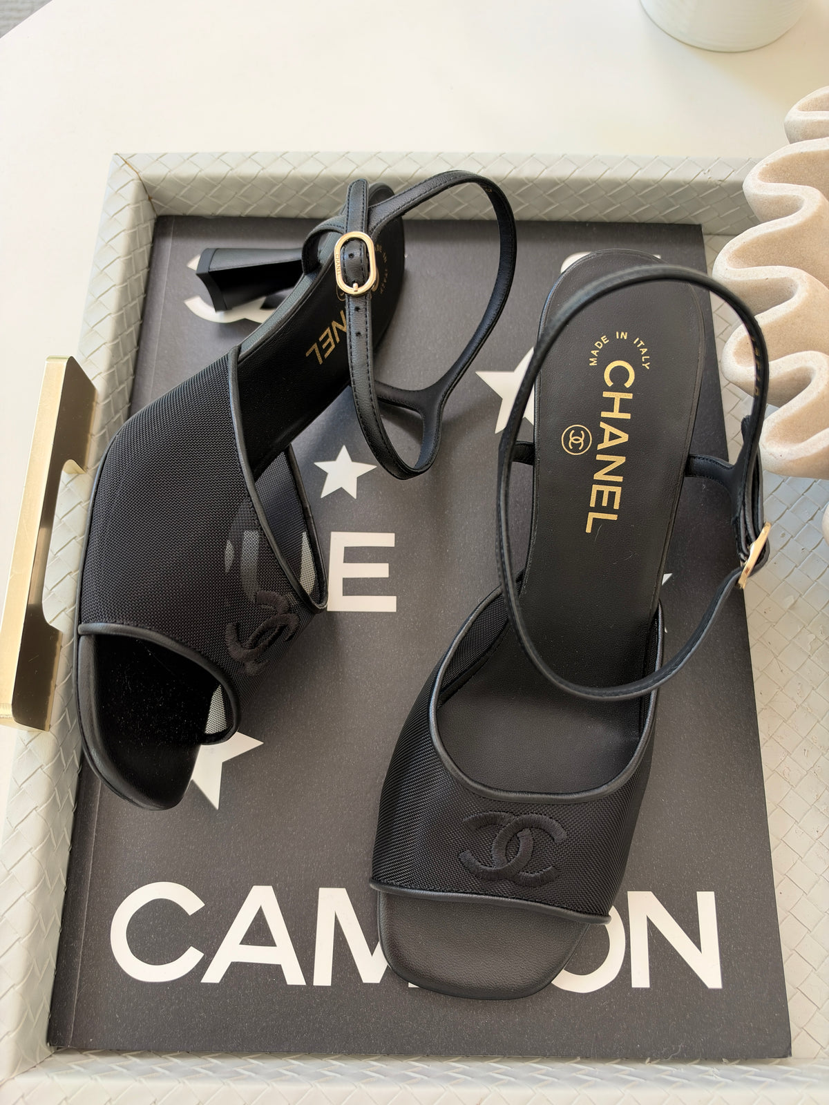 CHANEL 26 BLAZY BLACK MESH LAMBSKIN OPEN TOE CC LOGO SANDALS HEELS SHOES